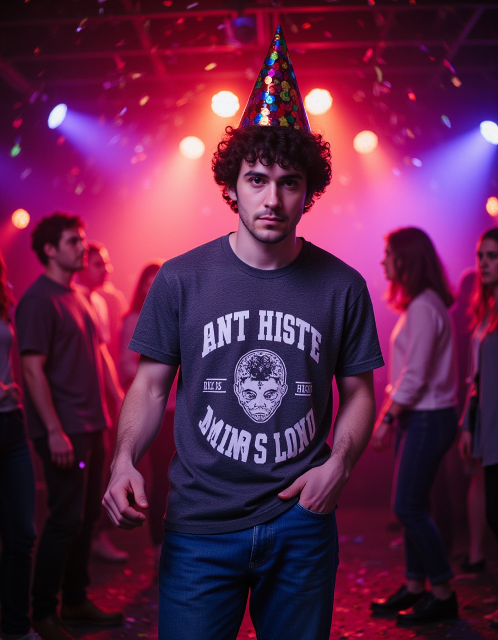 model dancing with a party hat on wearing a graphic t-shirt and jeans, with disco lights and energetic party atmosphere featuring colorful decorations and confetti