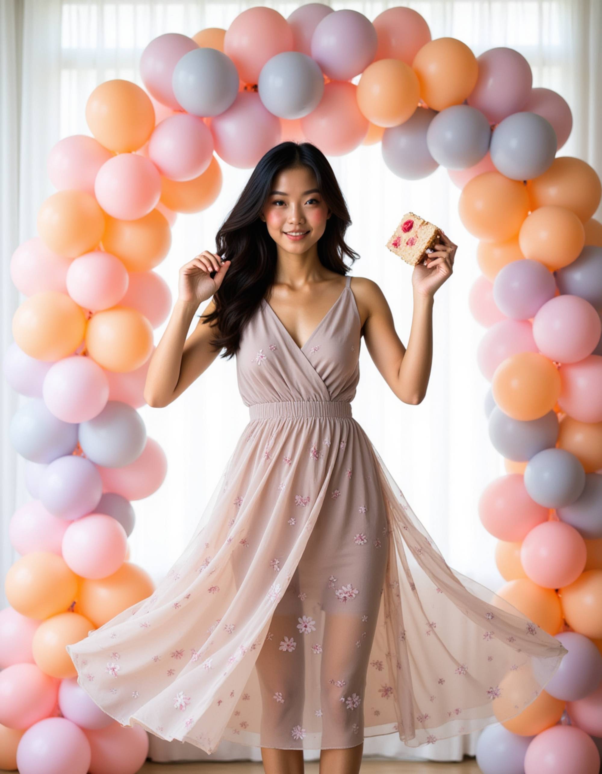 model twirling in a flowy midi dress with floral print, holding a slice of birthday cake, surrounded by pastel balloon arch and soft natural lighting