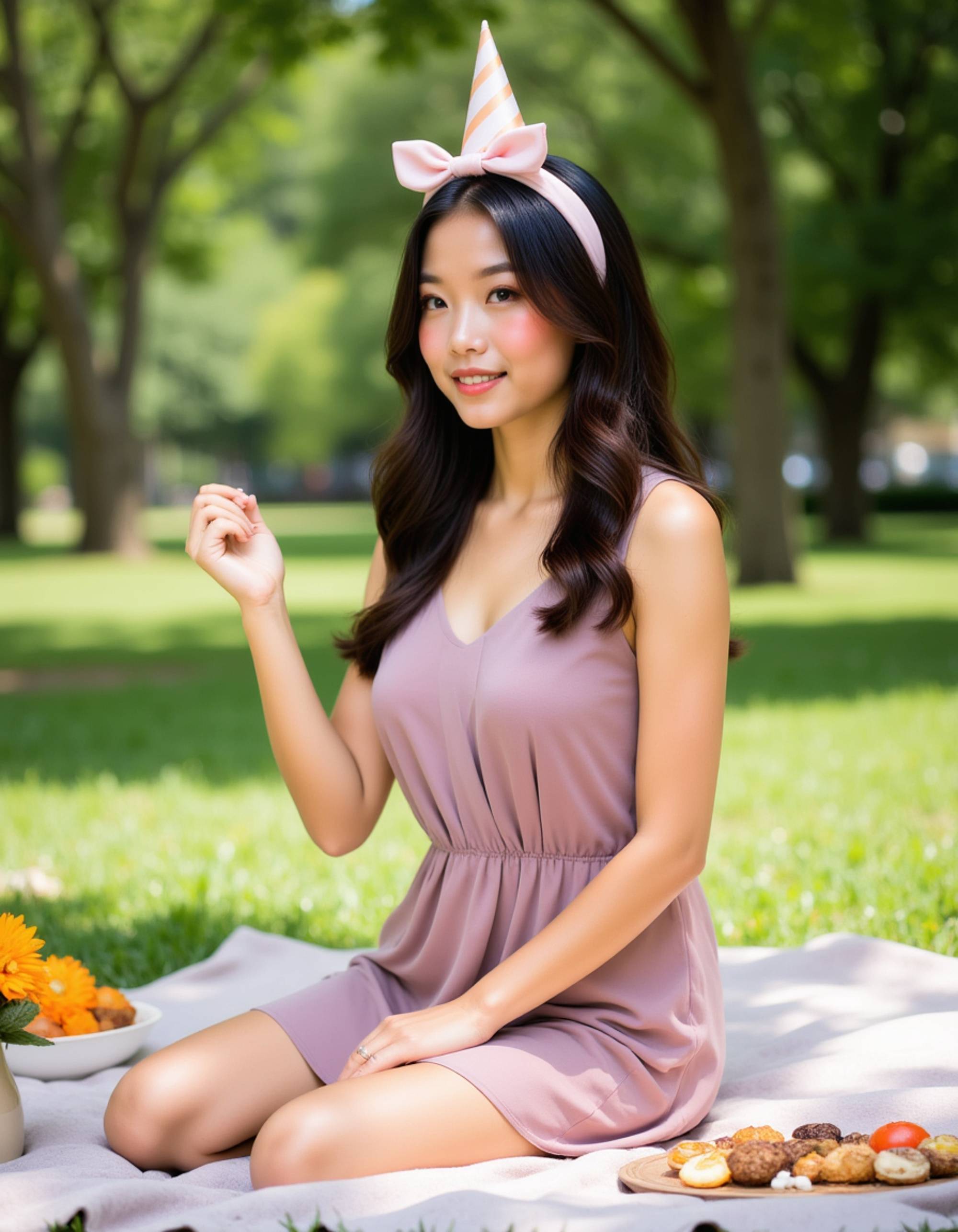 model wearing a cute birthday headband and sundress, sitting on a picnic blanket with a birthday spread, in a sunny park setting with dappled sunlight