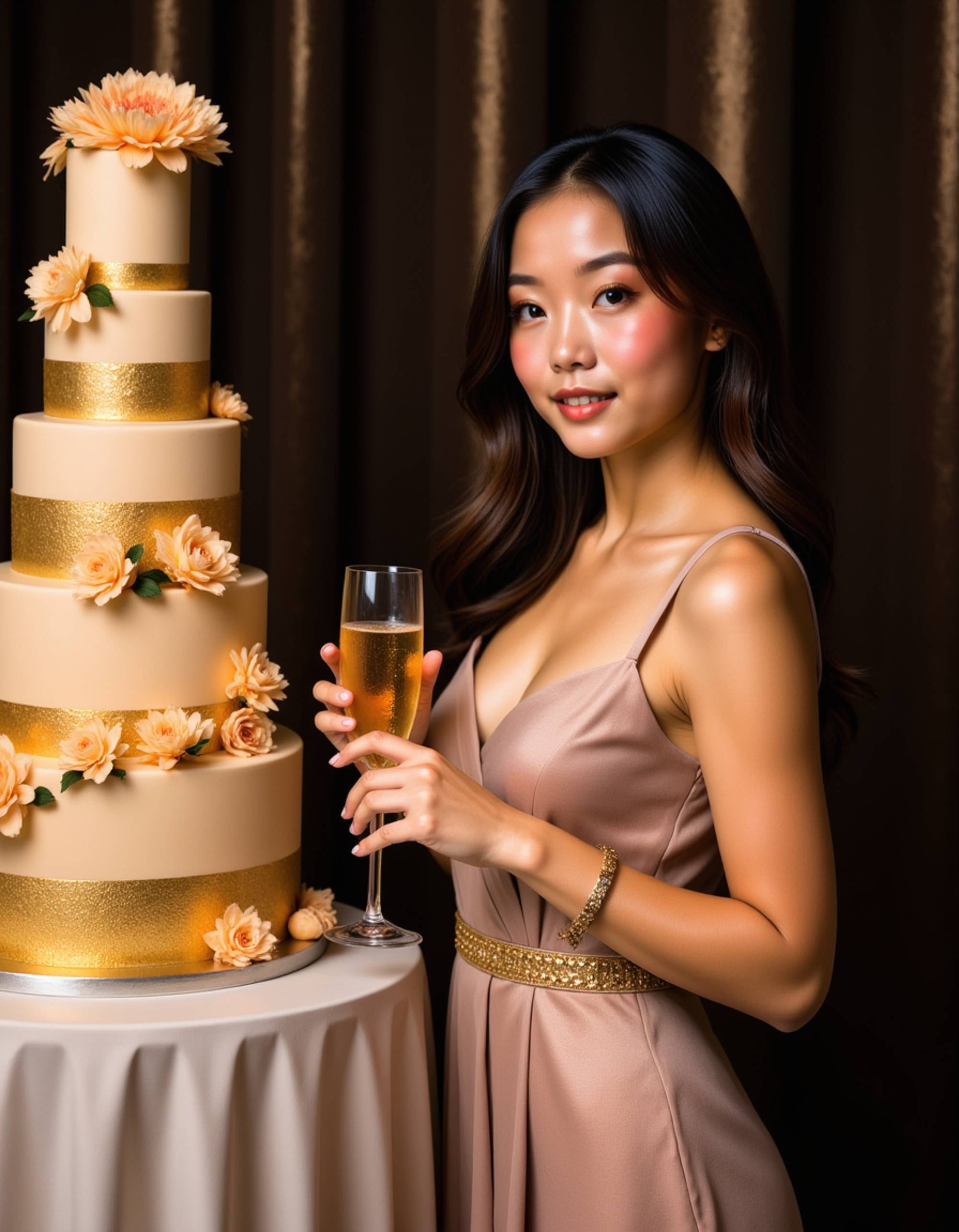 model in an elegant cocktail dress holding a glass of champagne, standing next to a luxurious birthday cake tower with gold decorations and soft candlelight