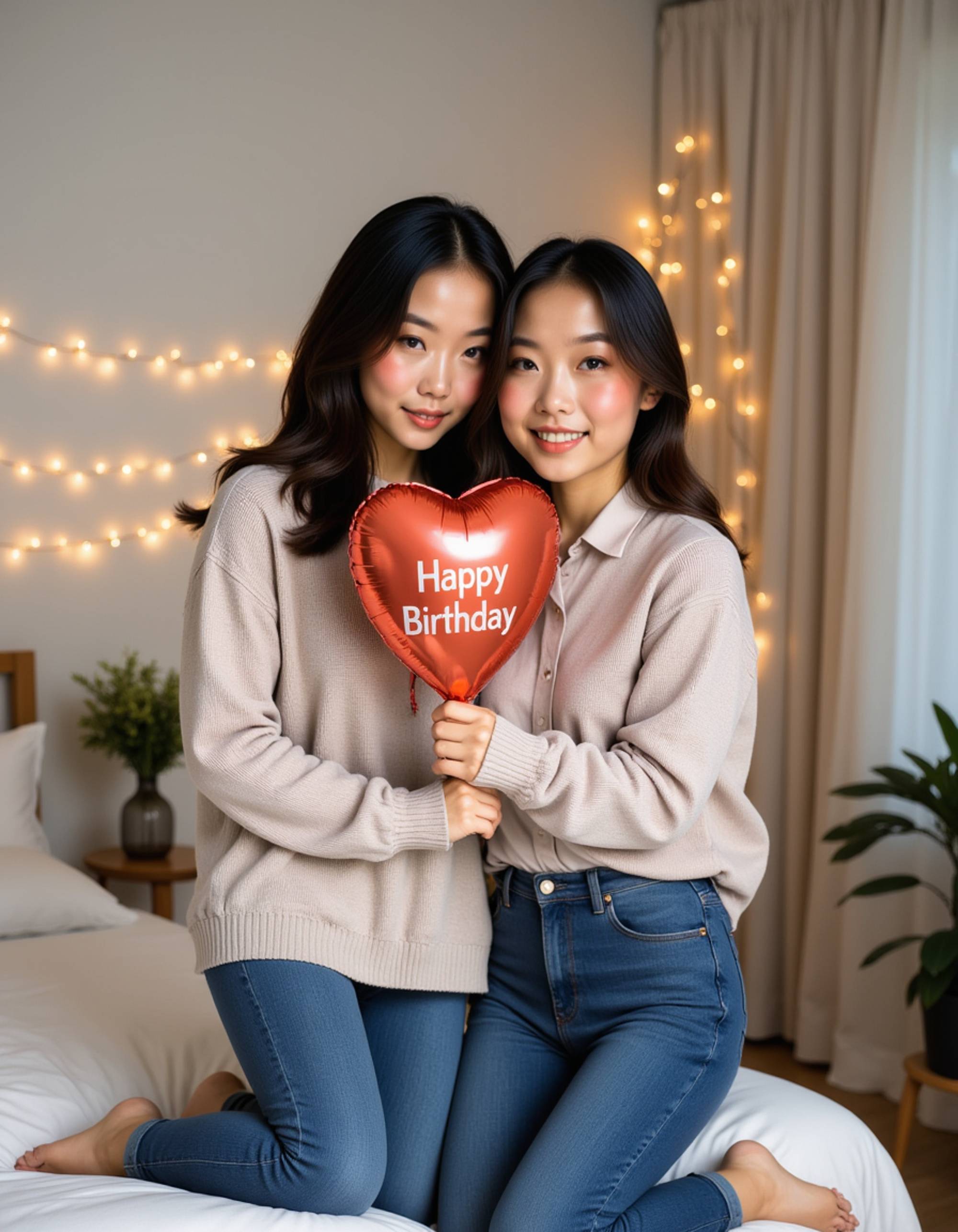 model wearing a cozy oversized sweater and jeans, cuddling with a birthday balloon bouquet, in a minimalist apartment with fairy lights and modern decorations