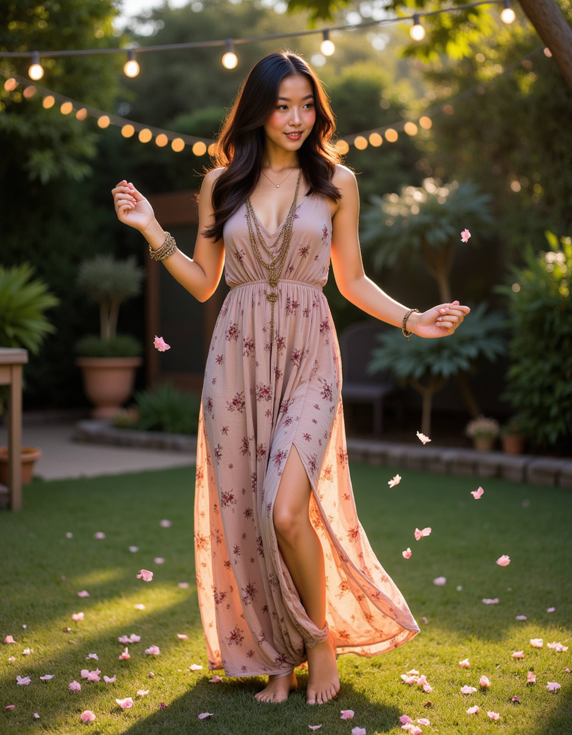 model dancing barefoot in a bohemian maxi dress and layered jewelry, with flower petals falling around her, in an outdoor garden party with string lights
