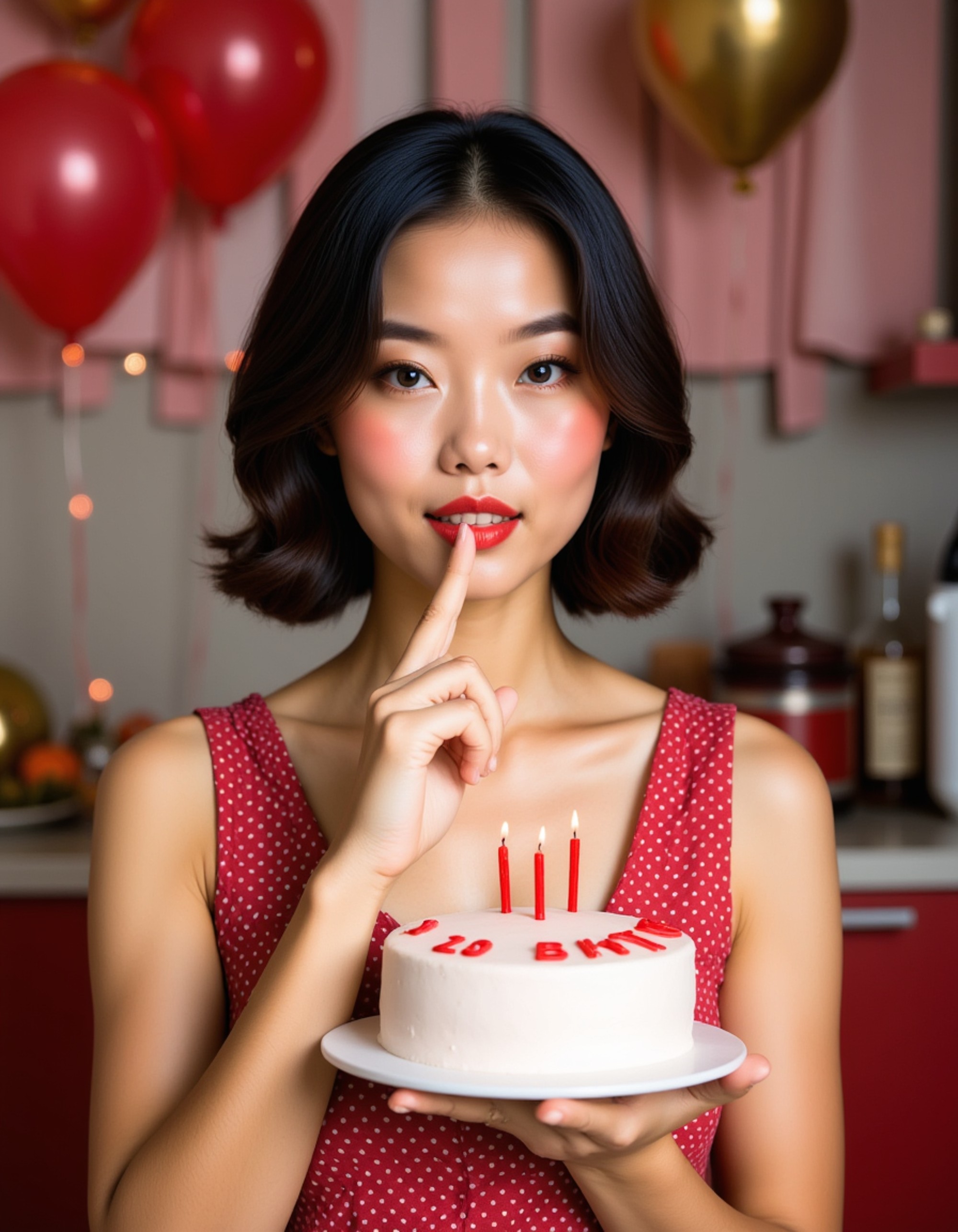 model wearing a vintage-inspired polka dot dress and red lipstick, blowing a kiss while holding a retro birthday cake, in a 1950s style party setup with classic decorations