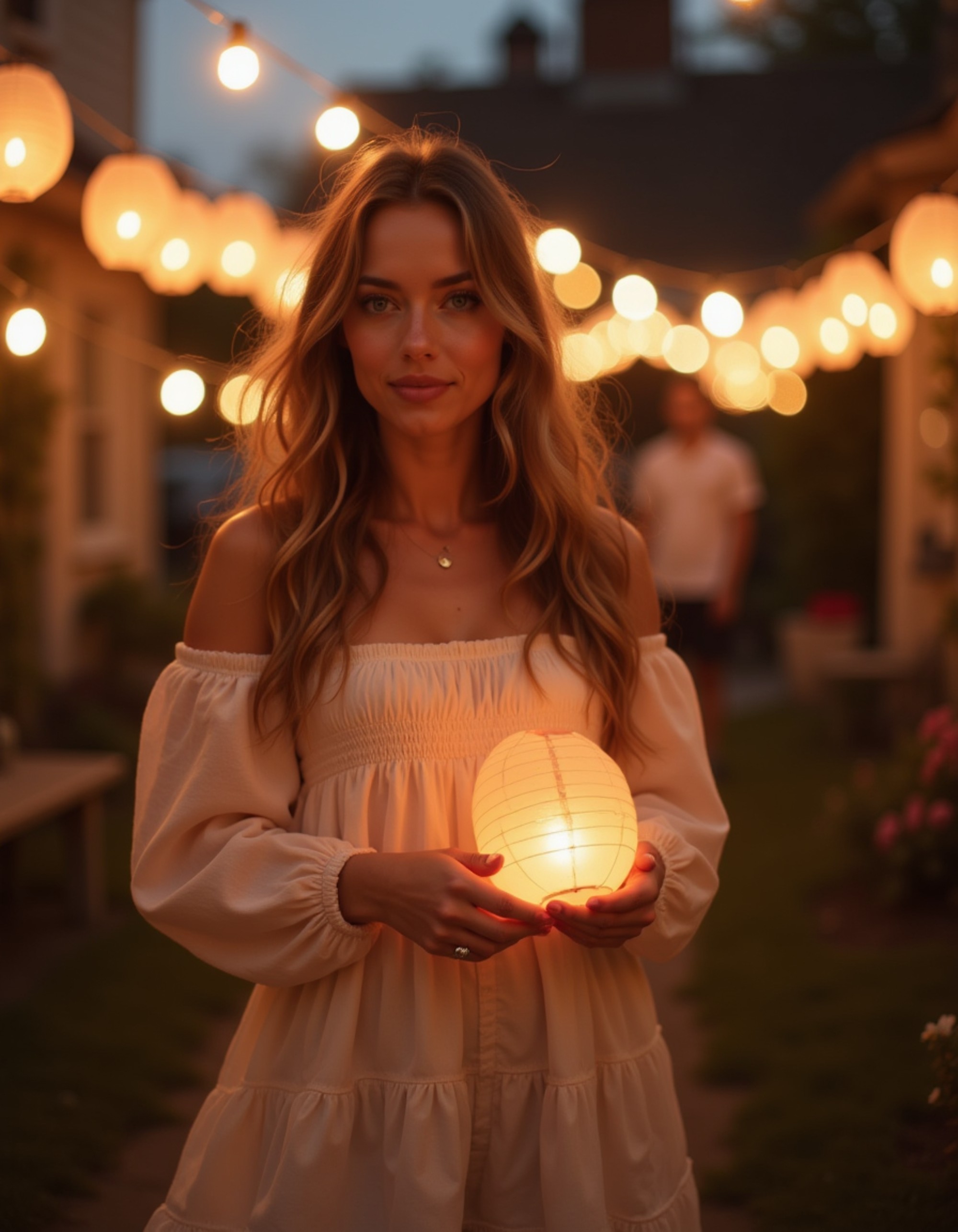 model in a romantic off-shoulder blouse and flowing skirt, surrounded by floating paper lanterns and birthday wishes, in a dreamy outdoor evening setting with warm glow