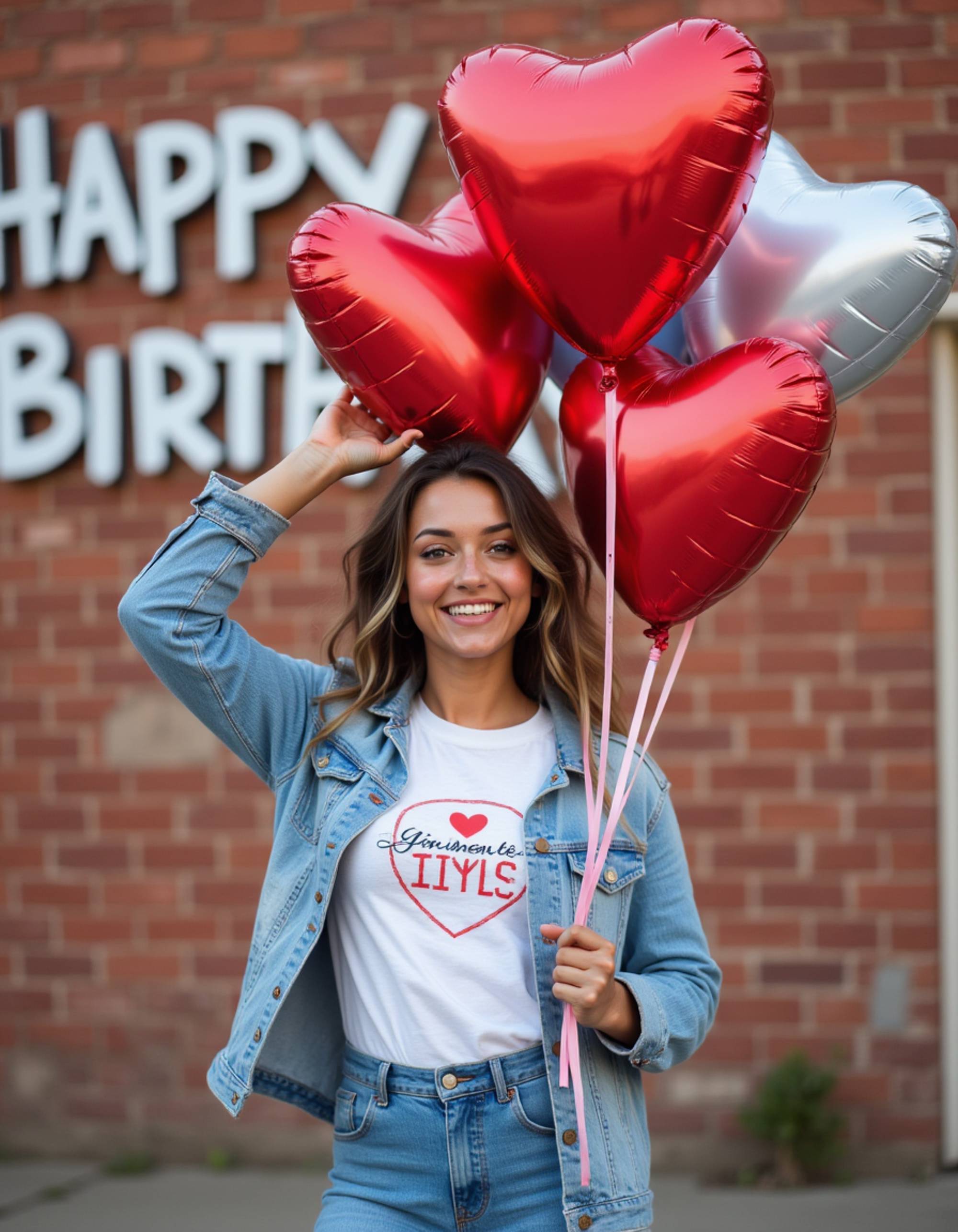 model wearing a fun graphic tee and denim jacket, holding a bunch of heart-shaped balloons, against a brick wall backdrop with graffiti-style happy birthday message