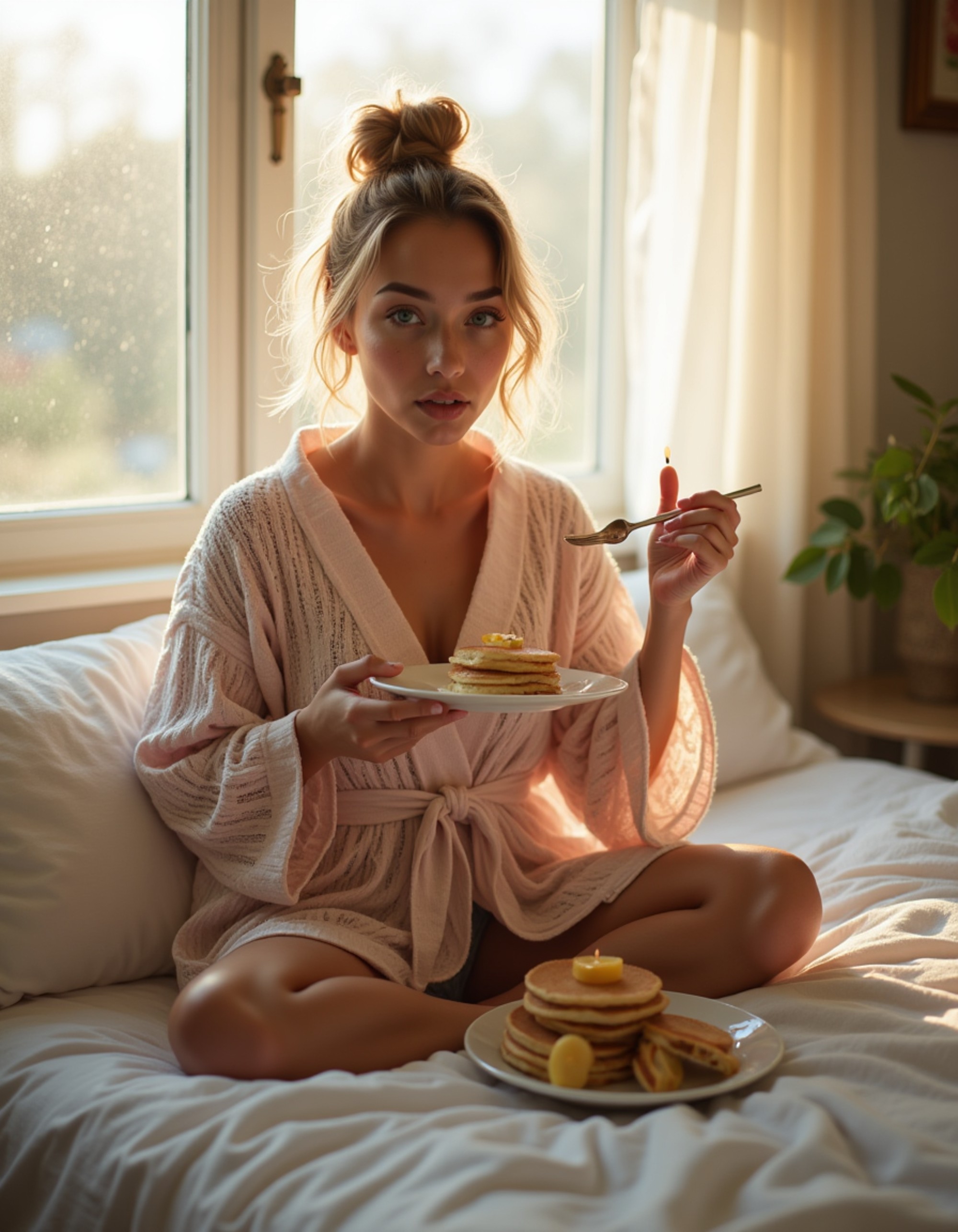 model in a flowy kimono-style robe and messy bun, having breakfast in bed with birthday pancakes and candles, surrounded by soft pillows and morning sunlight streaming through windows