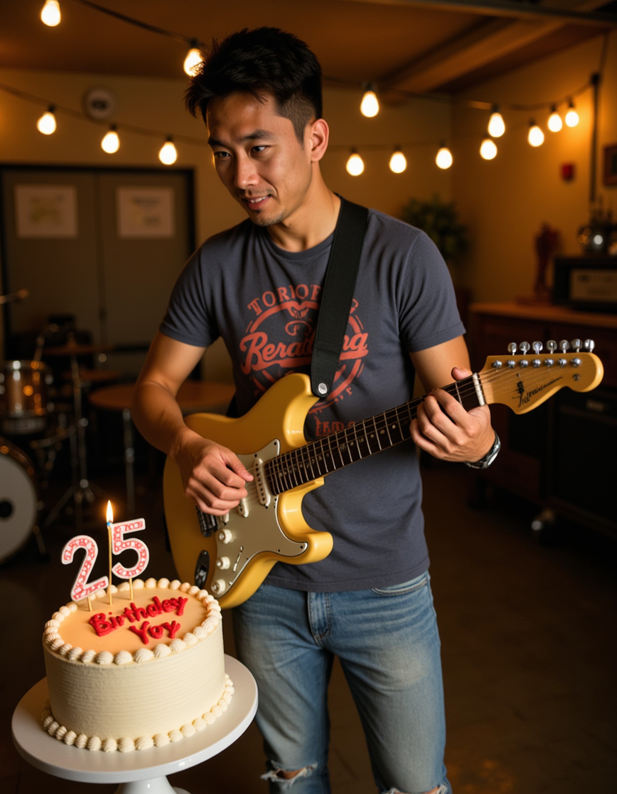 model wearing a vintage band t-shirt and distressed jeans, playing guitar next to a birthday cake with music note decorations, in a garage party setting with string lights