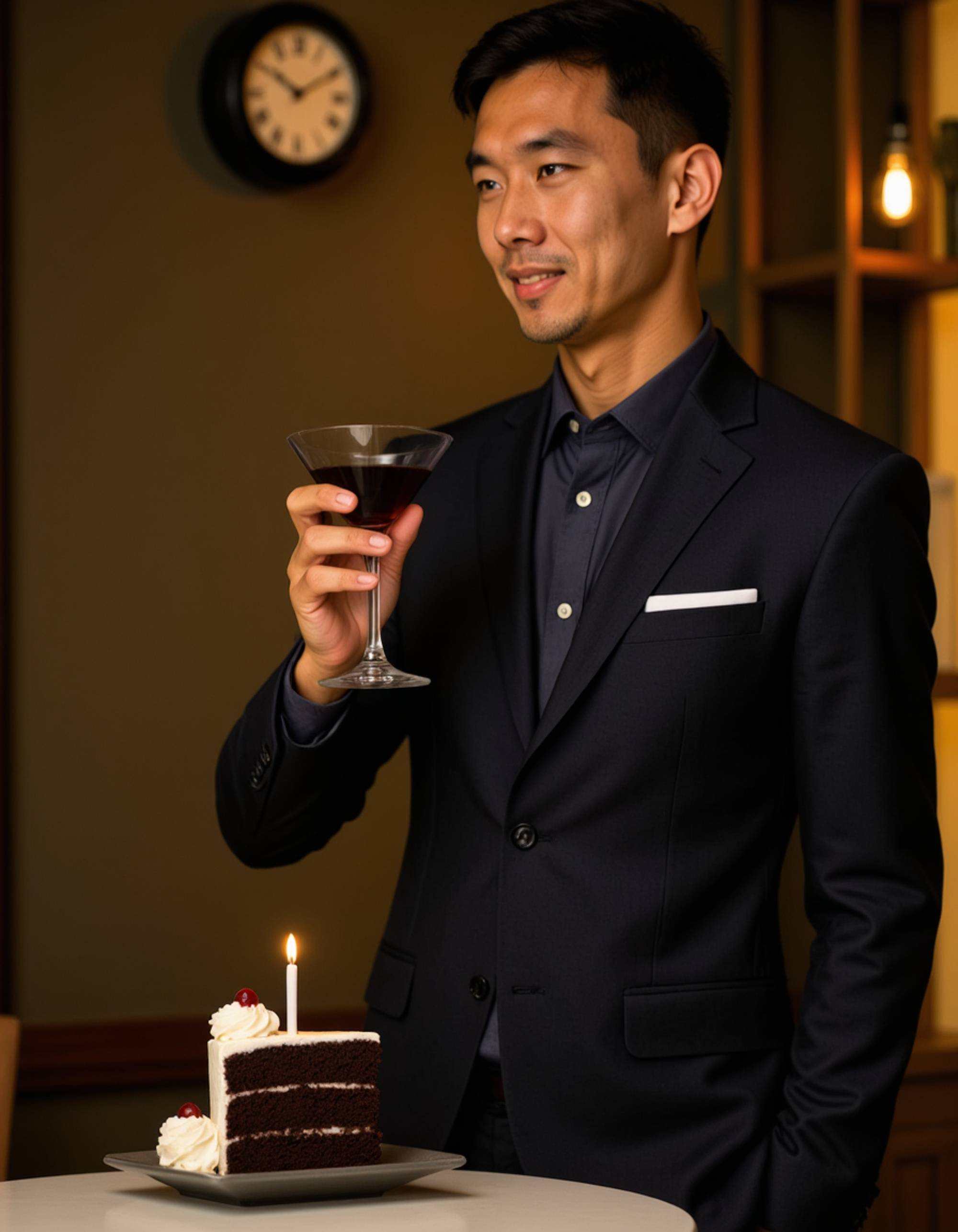 model in a tailored suit jacket and dark shirt, holding a martini glass while standing next to an elegant black forest birthday cake, in an upscale lounge with dim ambient lighting