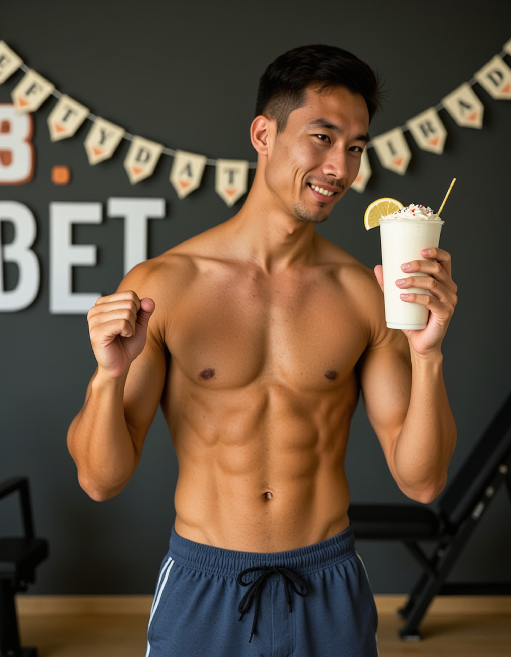 model wearing athletic shorts and tank top, flexing playfully while holding a protein shake birthday cake, in a home gym setting with fitness equipment and celebration banners