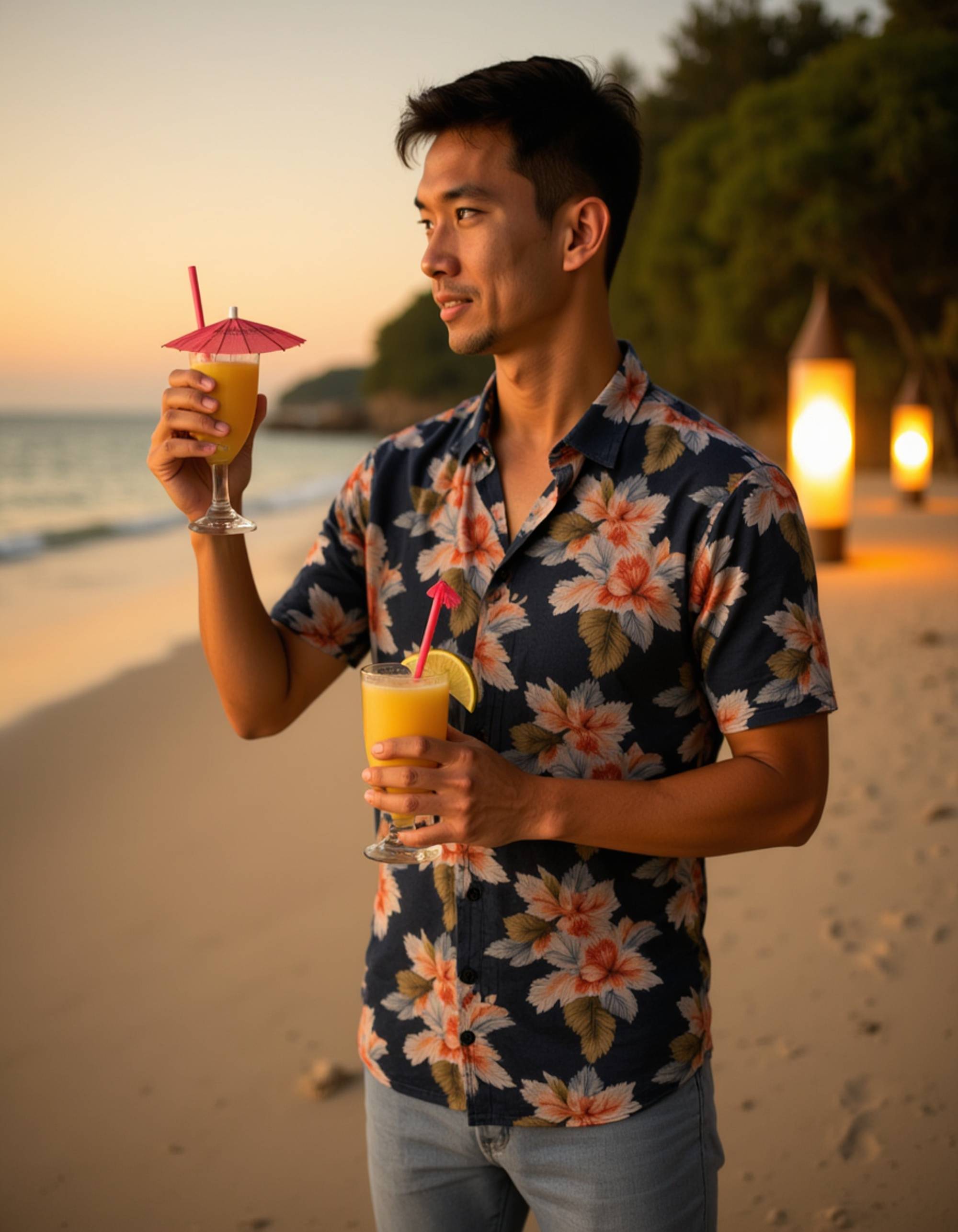 model wearing a Hawaiian shirt and shorts, holding a tropical birthday cocktail with umbrella garnish, on a beach setting with tiki torches and sunset lighting