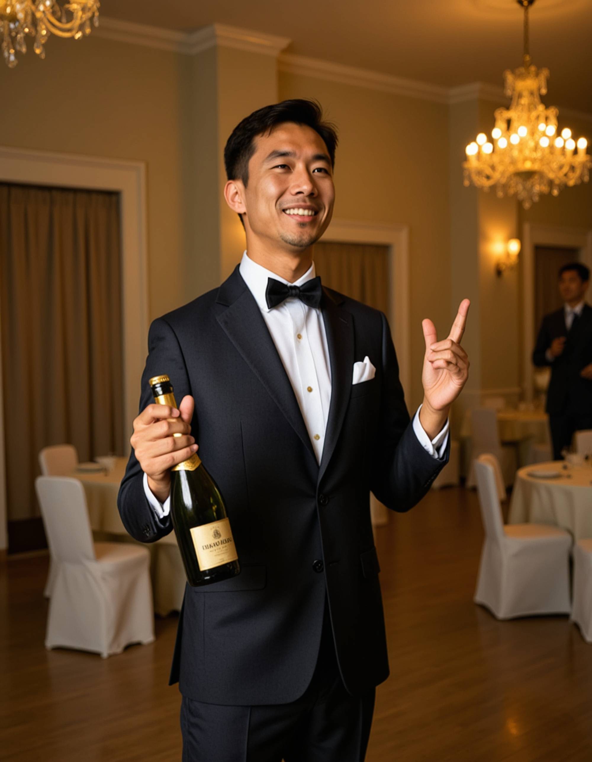 model in a classic tuxedo with bow tie slightly undone, laughing while holding a champagne bottle, in an elegant ballroom with golden birthday decorations and crystal chandeliers