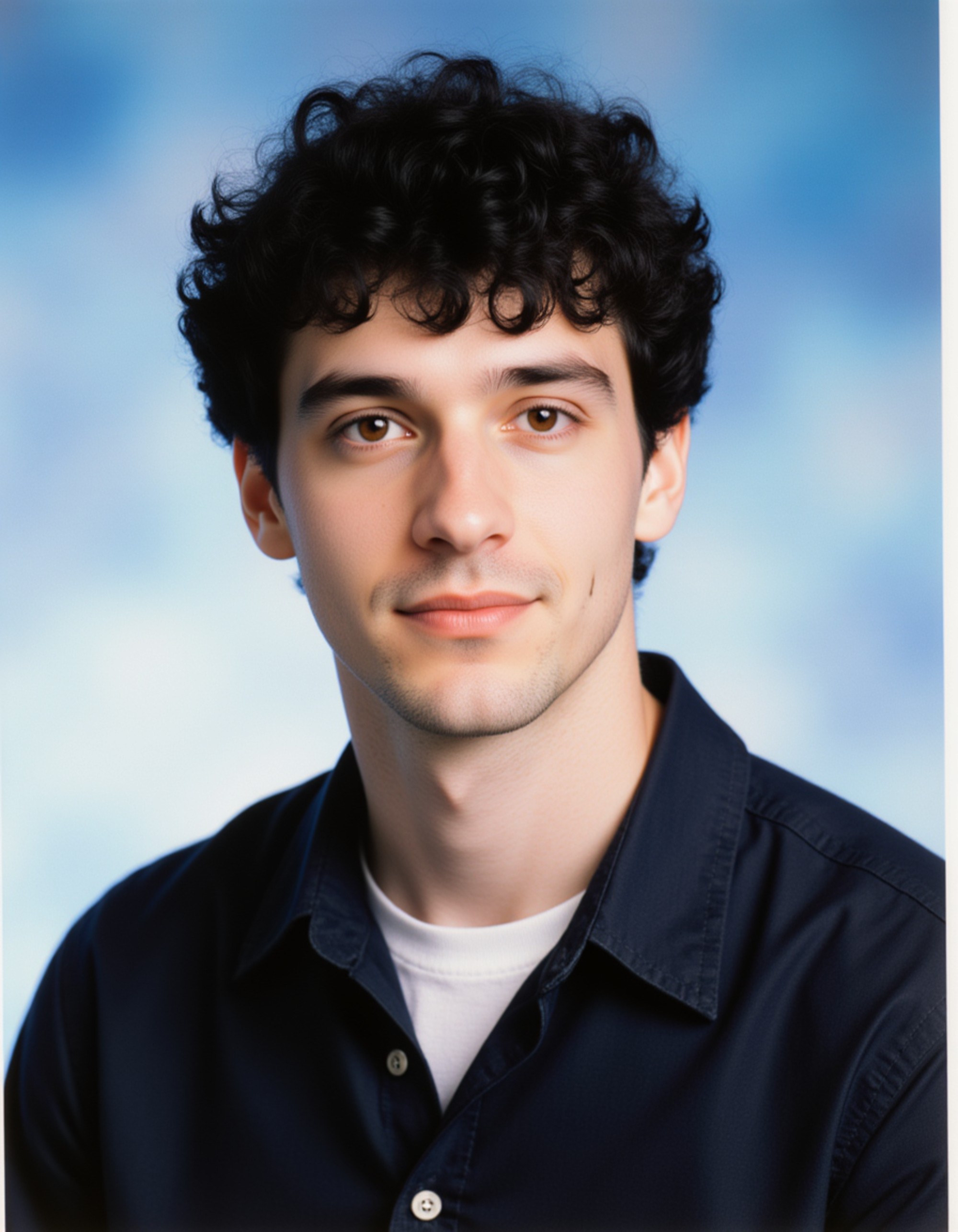 (school portrait) photo headshot of a young 18 y o model in 2000s style, early 2000s fashion, Y2K aesthetic, frosted tips hair, sitting for (yearbook) picture, gradient blue to white background, official school yearbook photo, model (looking straight into camera), (school shoot), (inside), clean professional lighting