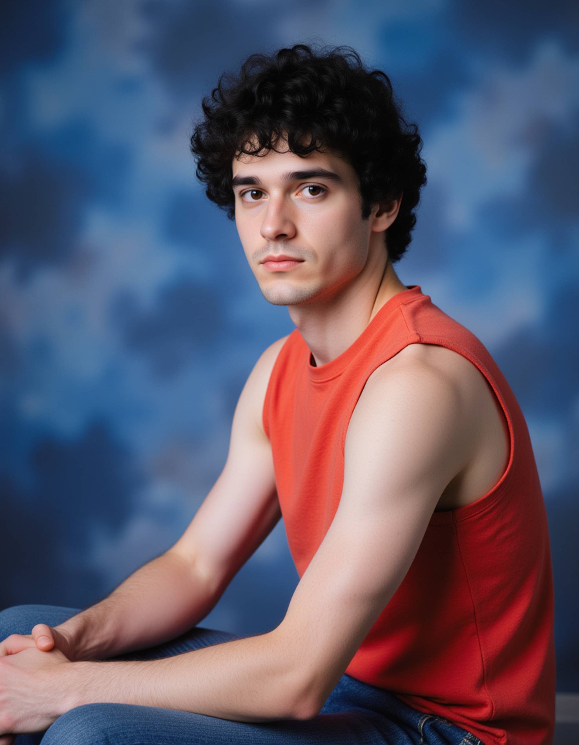 (school portrait) photo headshot of a young 18 y o model in 1980s style, eighties fashion, big hair, shoulder pads, neon colors, sitting and posing for (yearbook) picture, classic blue mottled background, official school yearbook photo, model sitting (looking straight into camera), (retro school shoot), (inside), soft studio lighting