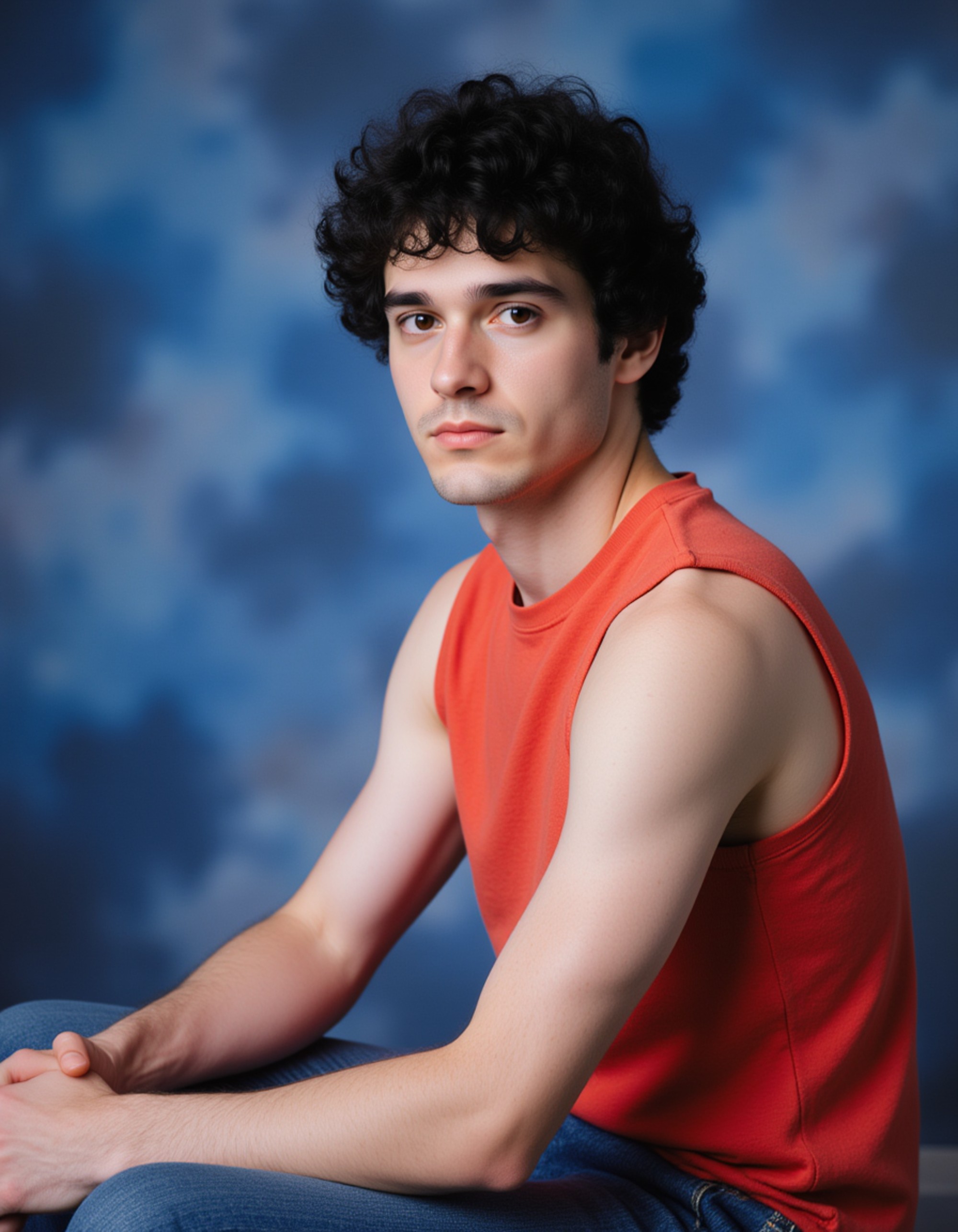 (school portrait) photo headshot of a young 18 y o model in 1980s style, eighties fashion, big hair, shoulder pads, neon colors, sitting and posing for (yearbook) picture, classic blue mottled background, official school yearbook photo, model sitting (looking straight into camera), (retro school shoot), (inside), soft studio lighting
