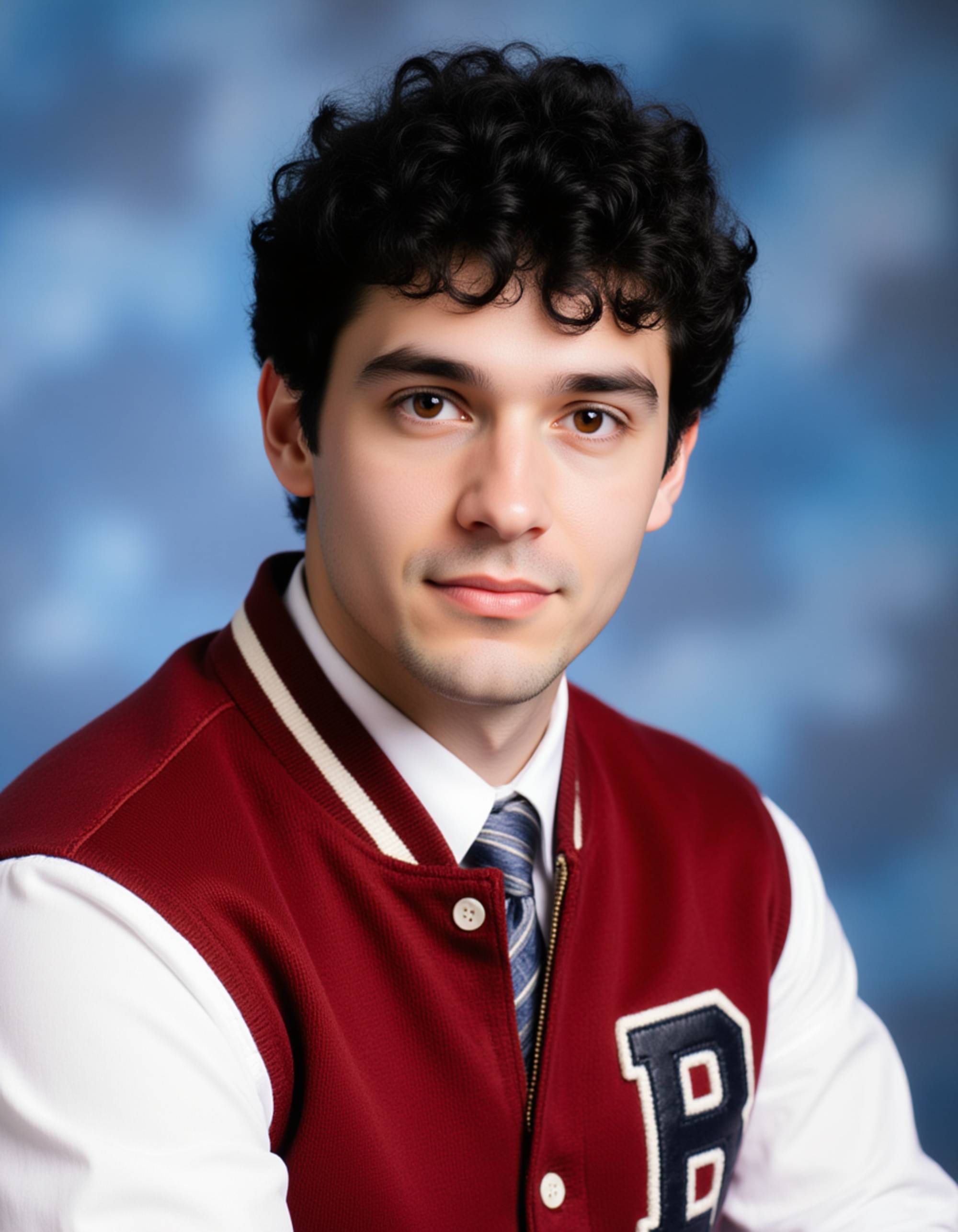 (school portrait) photo headshot of a young 18 y o model in preppy style, varsity jacket, clean-cut appearance, classic American high school look, sitting for (yearbook) picture, traditional blue cloudy background, official school yearbook photo, model (looking straight into camera), (school shoot), (inside), even lighting