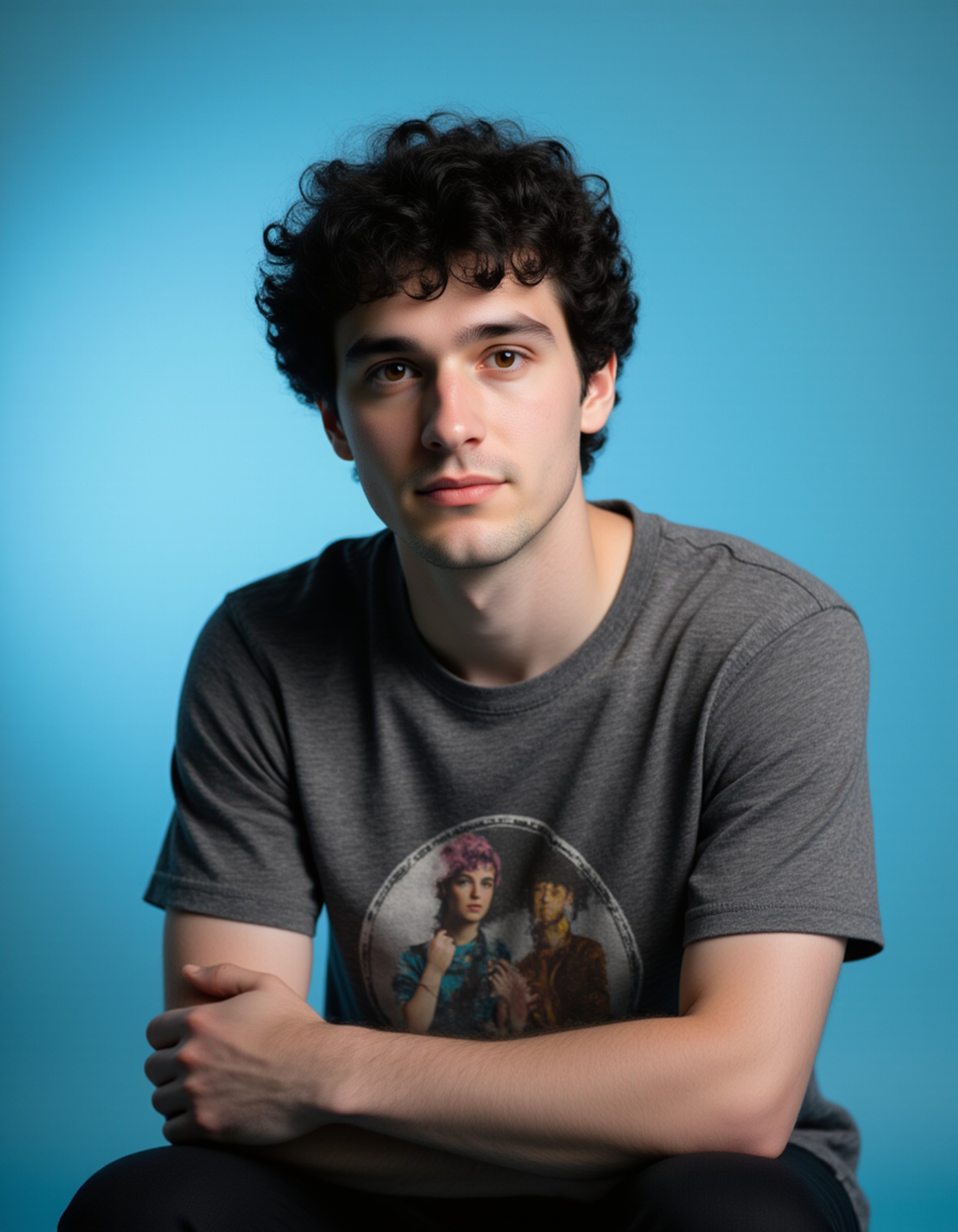 (school portrait) photo headshot of a young 18 y o model in indie/alternative style, layered clothing, vintage band t-shirt, artistic messy hair, sitting and posing for (yearbook) picture, soft blue gradient background, official school yearbook photo, model sitting (looking straight into camera), (alternative school shoot), (inside), natural lighting
