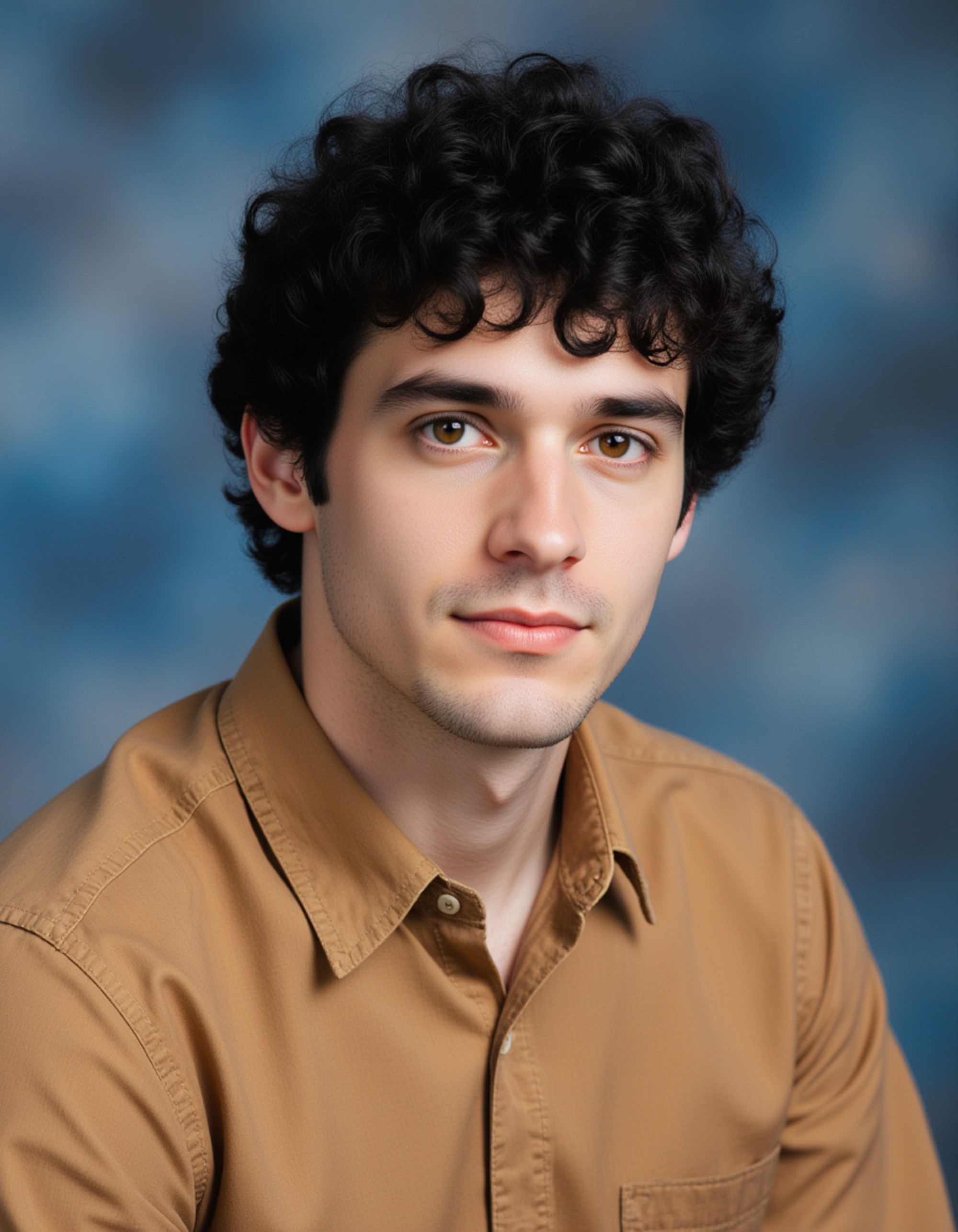(school portrait) photo headshot of a young 18 y o model in 1970s style, seventies fashion, feathered hair, earth tones, retro collar shirt, sitting for (yearbook) picture, classic blue marbled background, official school yearbook photo, model (looking straight into camera), (vintage school shoot), (inside), warm studio lighting