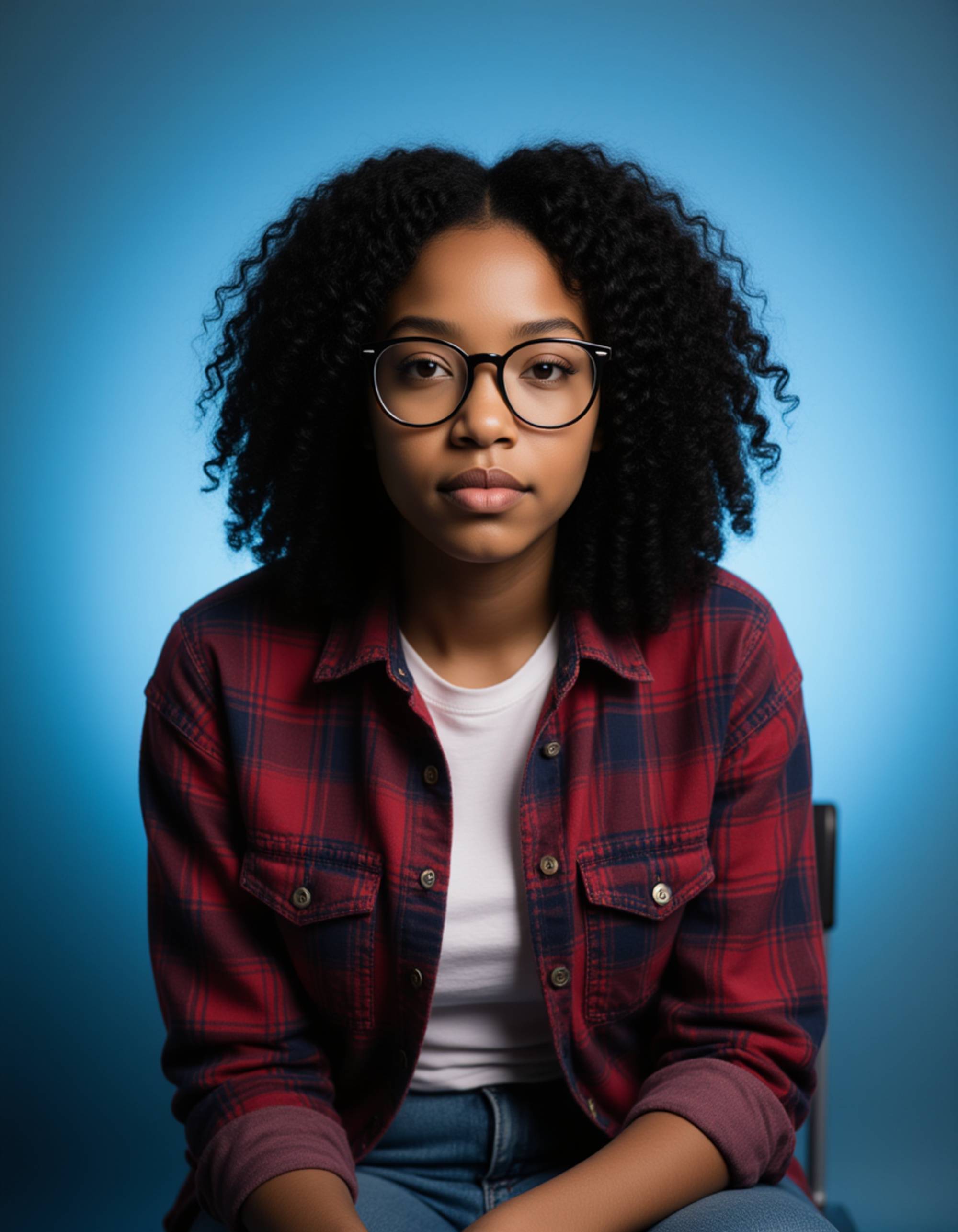 (school portrait) photo headshot of a young 18 y o model in 2010s style, hipster aesthetic, flannel shirt, thick-rimmed glasses, carefully tousled hair, sitting and posing for (yearbook) picture, gradient blue background, official school yearbook photo, model sitting (looking straight into camera), (modern school shoot), (inside), soft diffused lighting