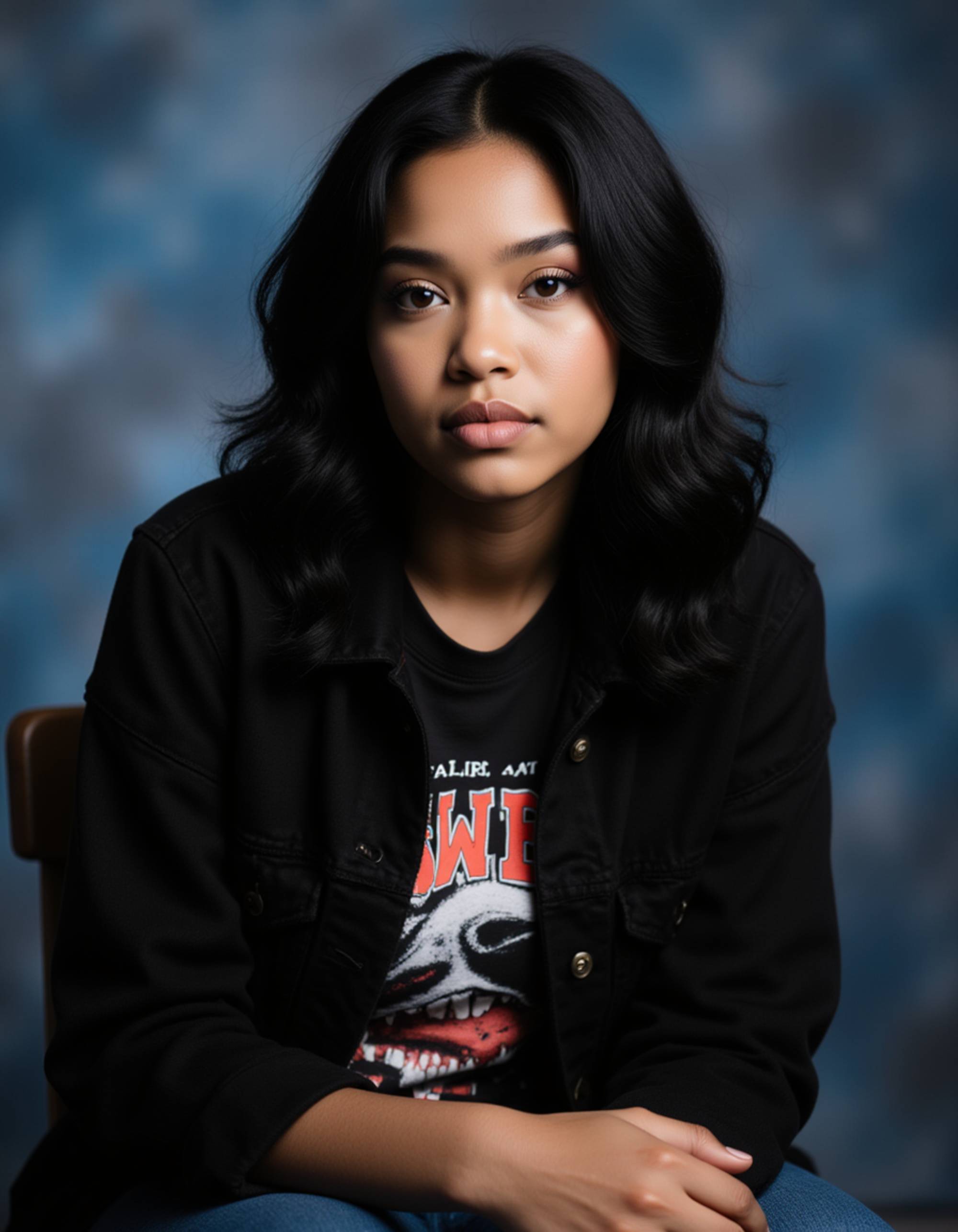 (school portrait) photo headshot of a young 18 y o model in goth/emo style, dark clothing, band merchandise, dramatic eyeliner, black hair with colored streaks, sitting for (yearbook) picture, traditional blue mottled background, official school yearbook photo, model (looking straight into camera), (alternative school shoot), (inside), moody lighting
