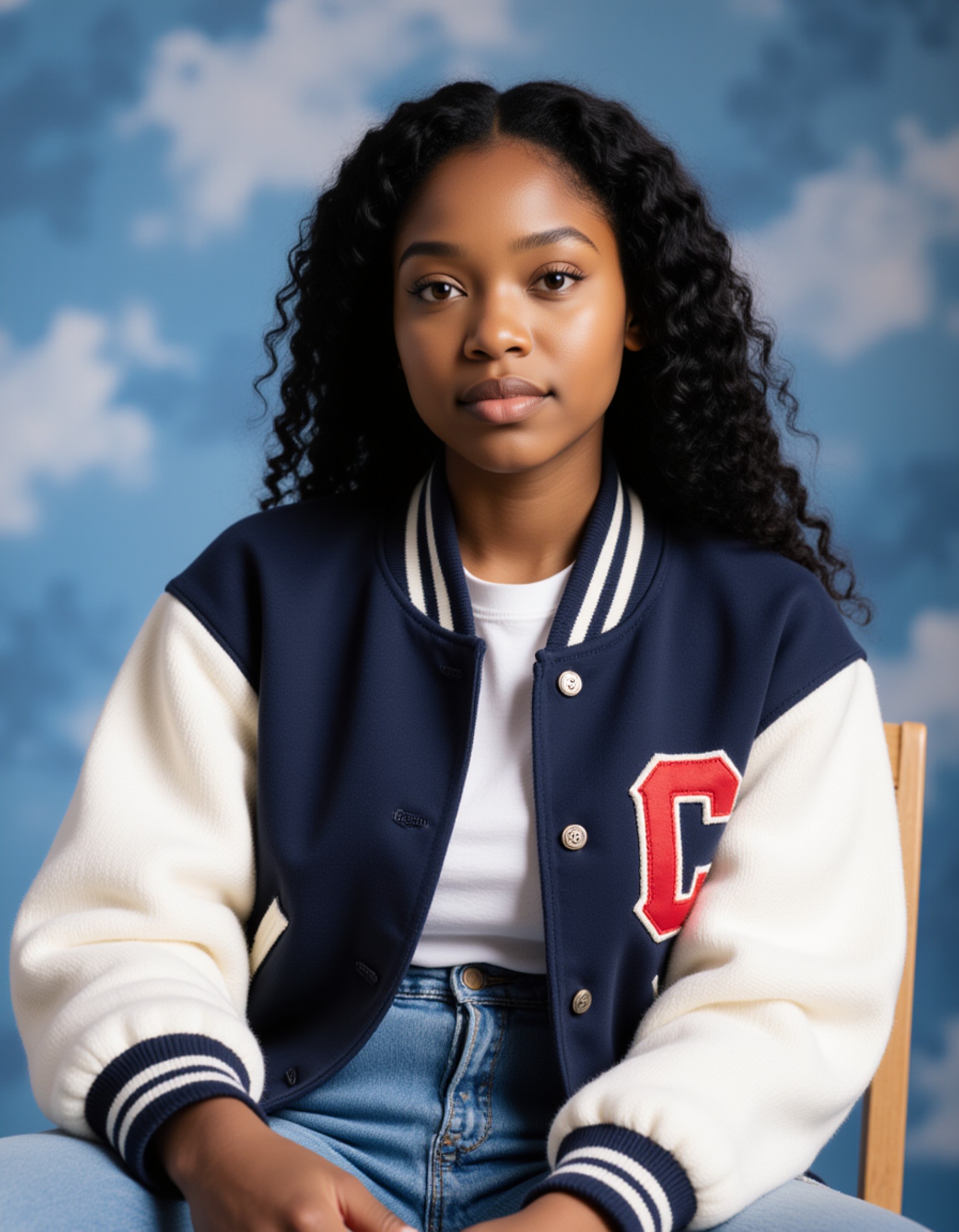 (school portrait) photo headshot of a young 18 y o model in sporty style, letterman jacket, athletic build, clean sporty look, varsity team member aesthetic, sitting and posing for (yearbook) picture, classic blue cloudy background, official school yearbook photo, model sitting (looking straight into camera), (athletic school shoot), (inside), bright even lighting
