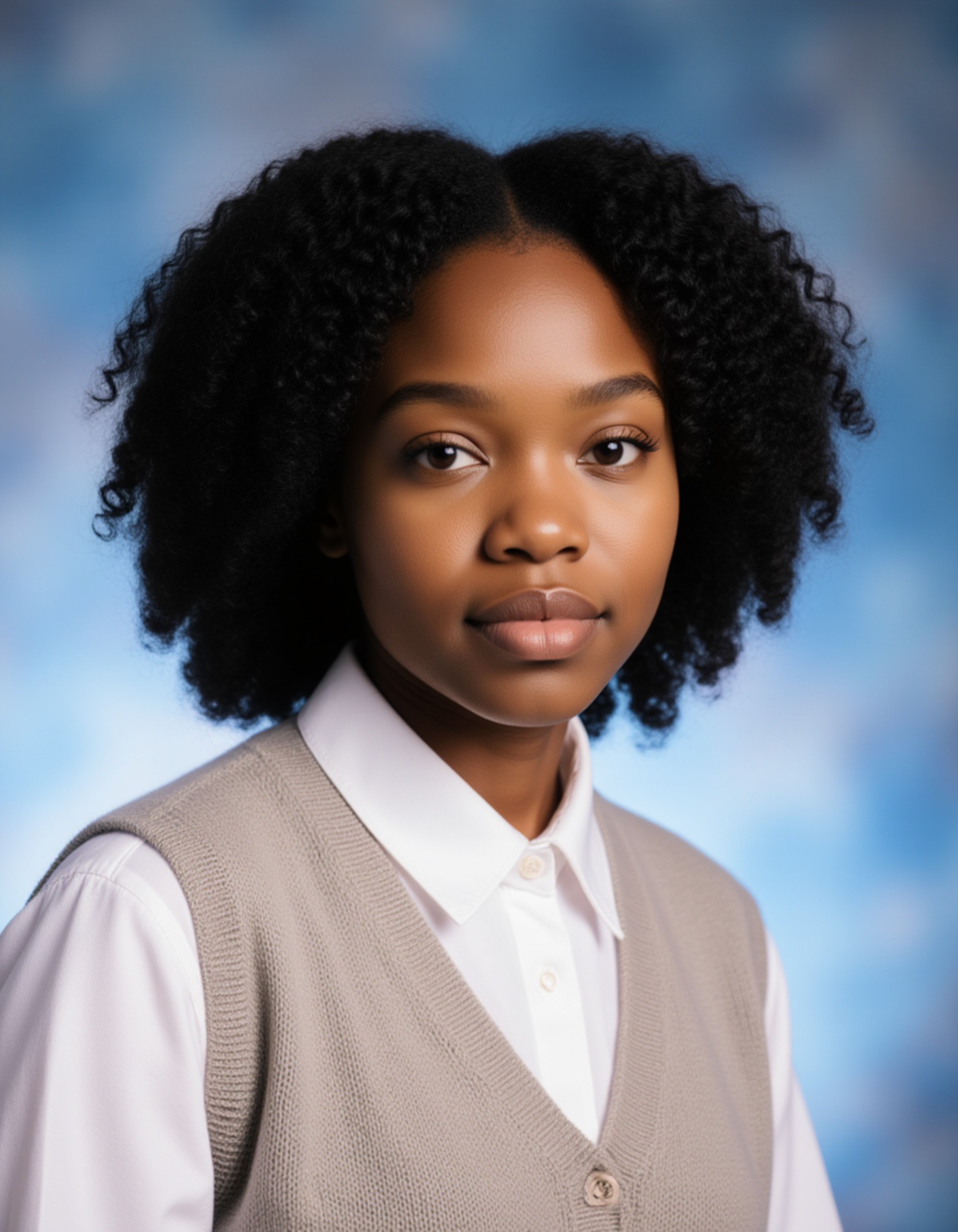(school portrait) photo headshot of a young 18 y o model in academic/nerdy style, button-up shirt, sweater vest, neat appearance, honor roll student look, sitting for (yearbook) picture, soft blue gradient background, official school yearbook photo, model (looking straight into camera), (scholarly school shoot), (inside), professional lighting