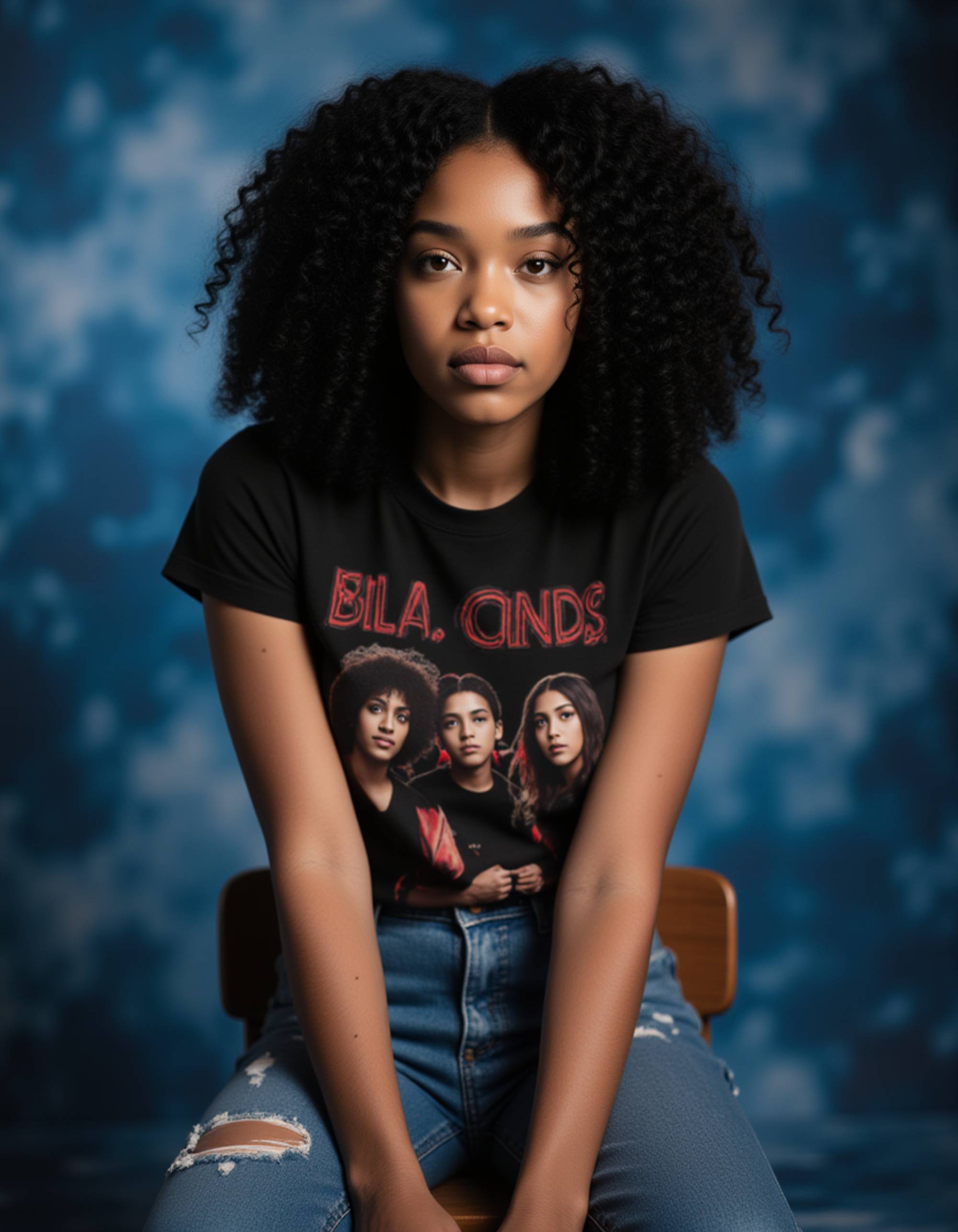 (school portrait) photo headshot of a young 18 y o model in theater kid style, dramatic makeup, vintage band t-shirt, expressive hair, artistic bohemian look, sitting and posing for (yearbook) picture, blue marbled background, official school yearbook photo, model sitting (looking straight into camera), (drama club school shoot), (inside), theatrical lighting