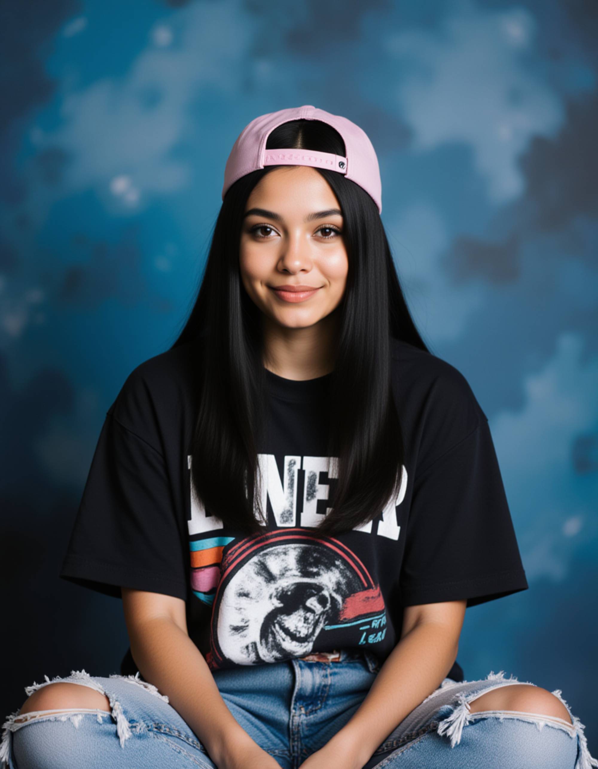 (school portrait) photo headshot of a young 18 y o model in skater style, baggy jeans, oversized graphic tee, backwards baseball cap, casual skater aesthetic, sitting and posing for (yearbook) picture, traditional blue mottled background, official school yearbook photo, model sitting (looking straight into camera), (skater school shoot), (inside), natural lighting