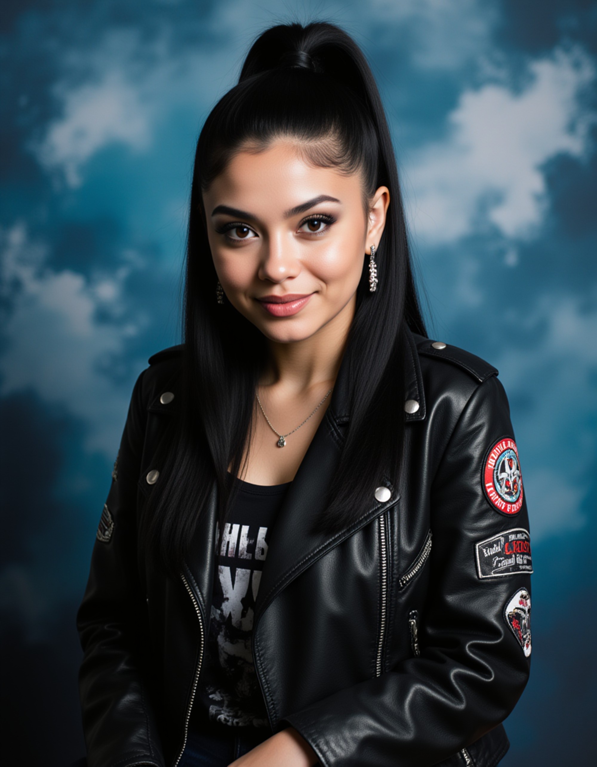(school portrait) photo headshot of a young 18 y o model in punk rock style, leather jacket, band patches, spiked accessories, mohawk or punk hairstyle, sitting for (yearbook) picture, classic blue cloudy background, official school yearbook photo, model (looking straight into camera), (punk school shoot), (inside), edgy lighting