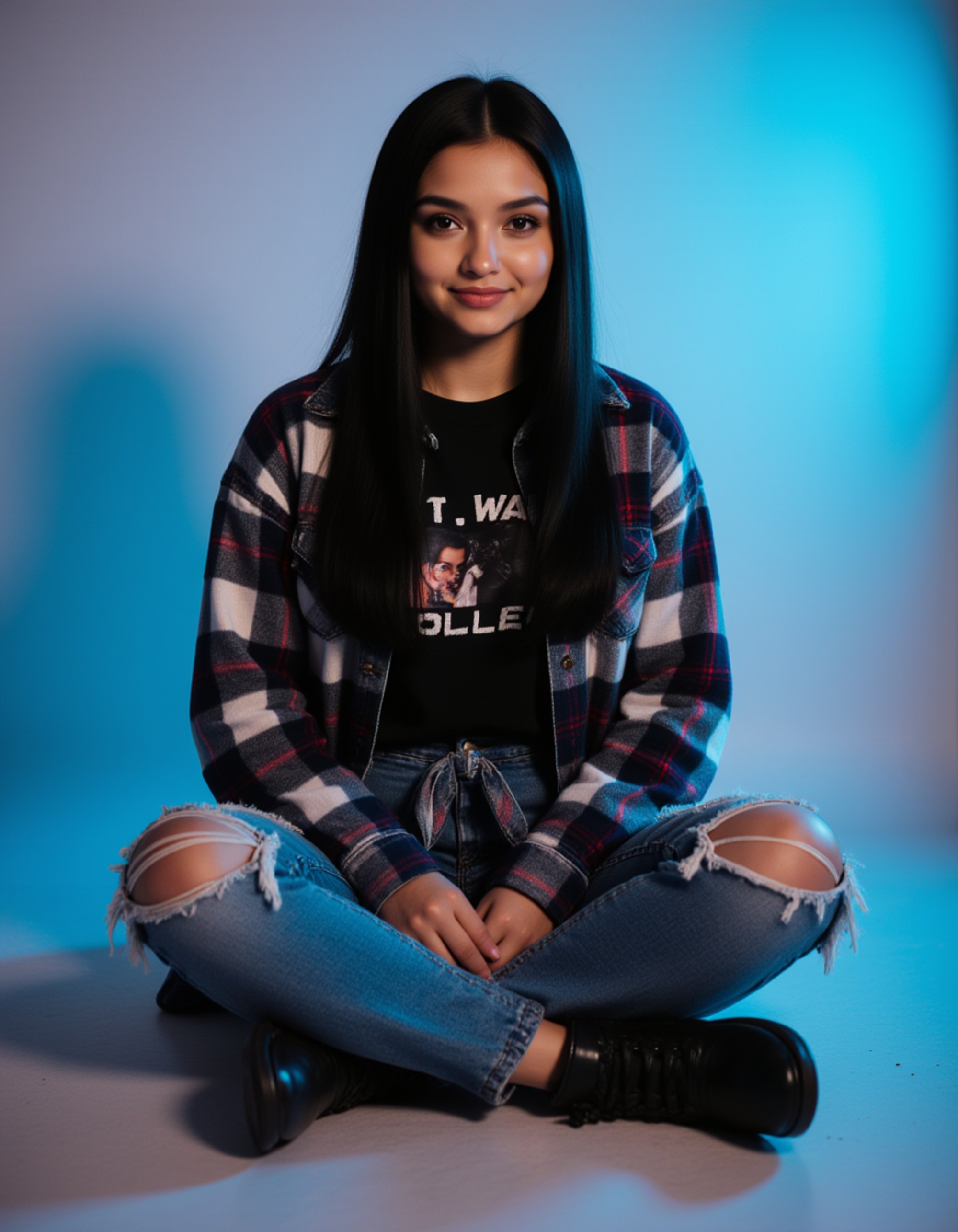 (school portrait) photo headshot of a young 18 y o model in grunge style, flannel tied around waist, ripped jeans, combat boots visible, messy hair, 90s grunge aesthetic, sitting and posing for (yearbook) picture, gradient blue to white background, official school yearbook photo, model sitting (looking straight into camera), (grunge school shoot), (inside), moody soft lighting