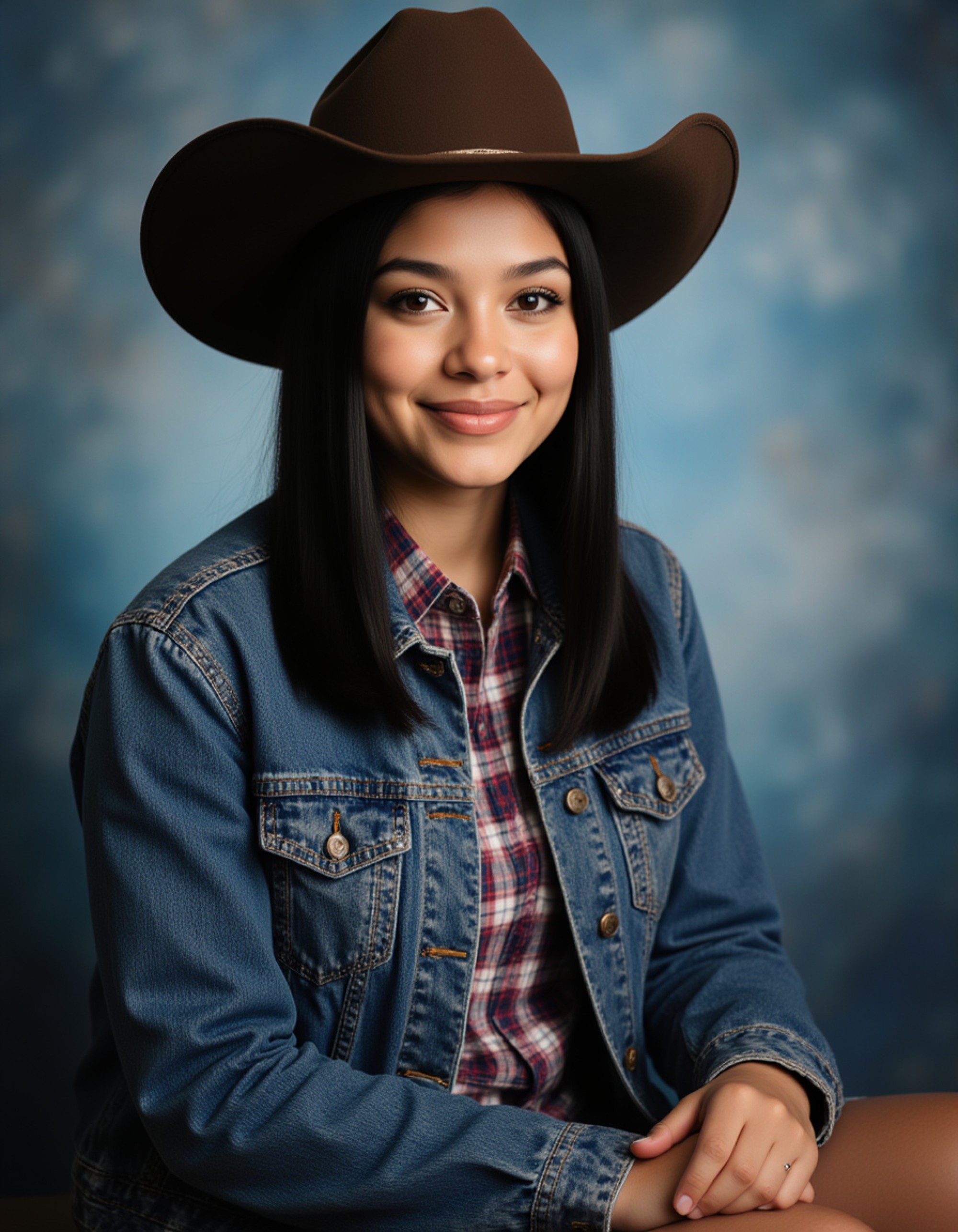 (school portrait) photo headshot of a young 18 y o model in cowboy/western style, denim jacket, cowboy hat, western shirt, rural americana aesthetic, sitting for (yearbook) picture, soft blue gradient background, official school yearbook photo, model (looking straight into camera), (western school shoot), (inside), warm golden lighting