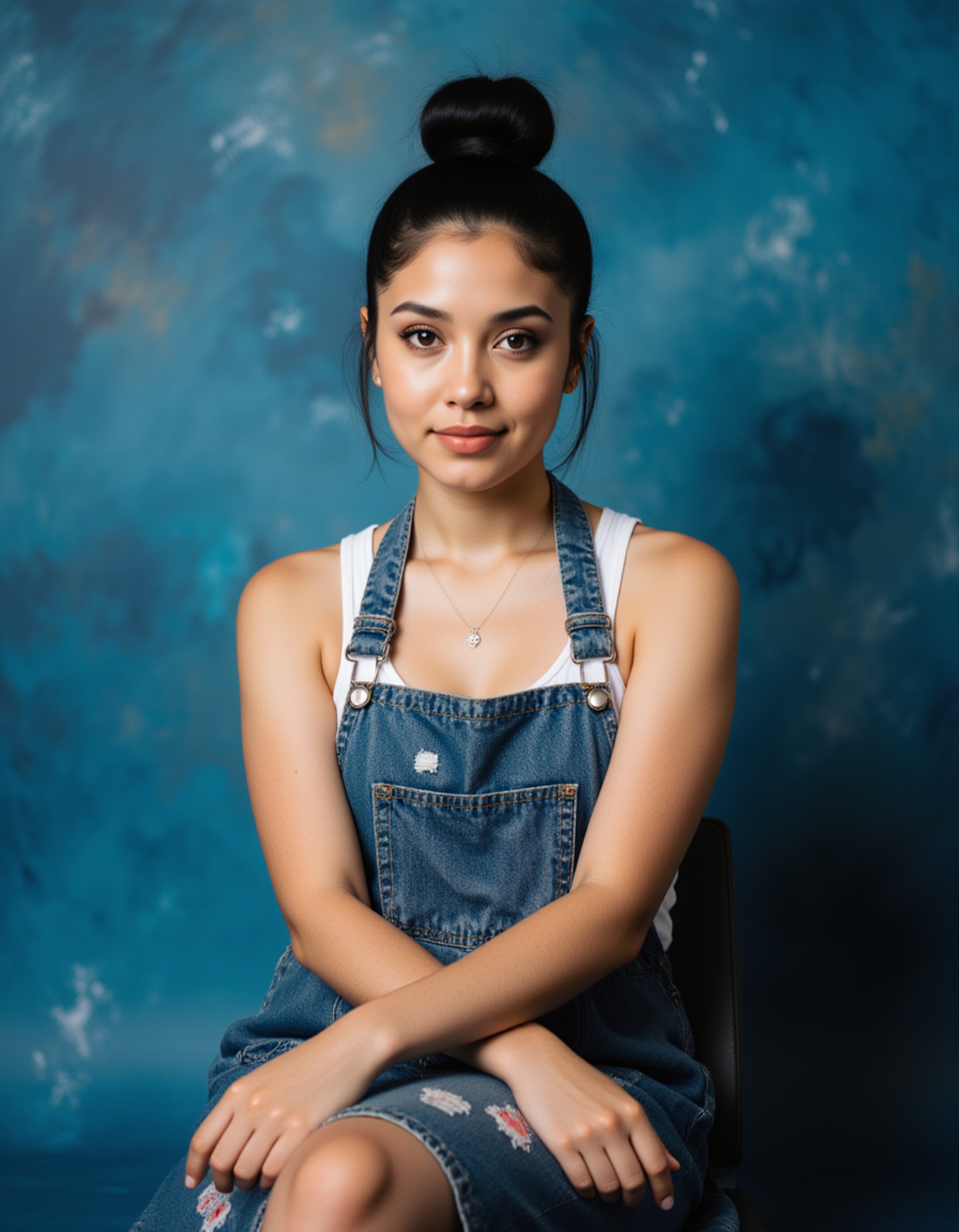 (school portrait) photo headshot of a young 18 y o model in art student style, paint-stained apron, creative messy bun, artistic accessories, bohemian art student look, sitting and posing for (yearbook) picture, blue marbled background, official school yearbook photo, model sitting (looking straight into camera), (art student school shoot), (inside), creative studio lighting