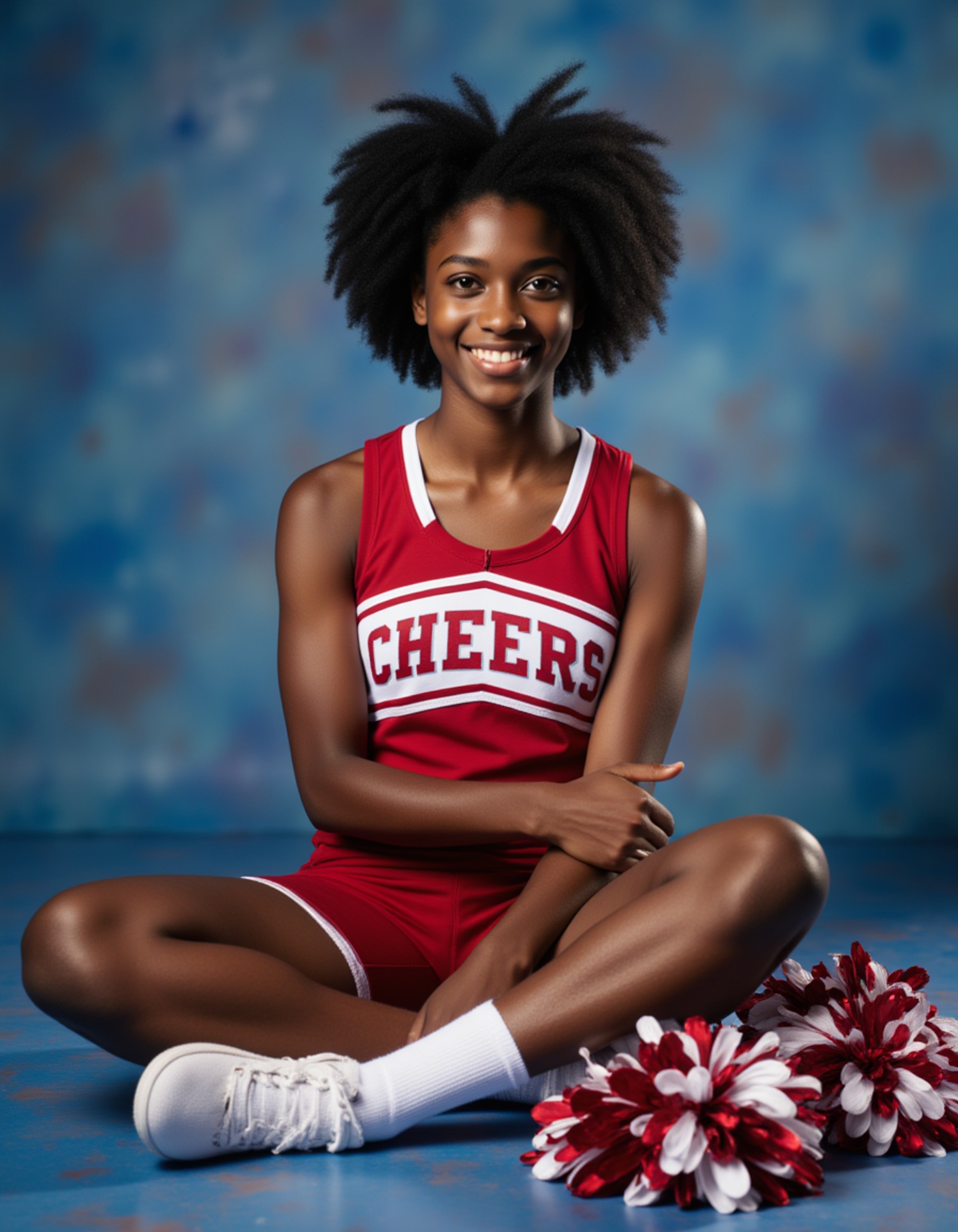 (school portrait) photo headshot of a young 18 y o model in cheerleader style, varsity cheer uniform, pom-poms nearby, perfect hair and makeup, all-American cheerleader aesthetic, sitting and posing for (yearbook) picture, traditional blue mottled background, official school yearbook photo, model sitting (looking straight into camera), (cheer squad school shoot), (inside), bright cheerful lighting