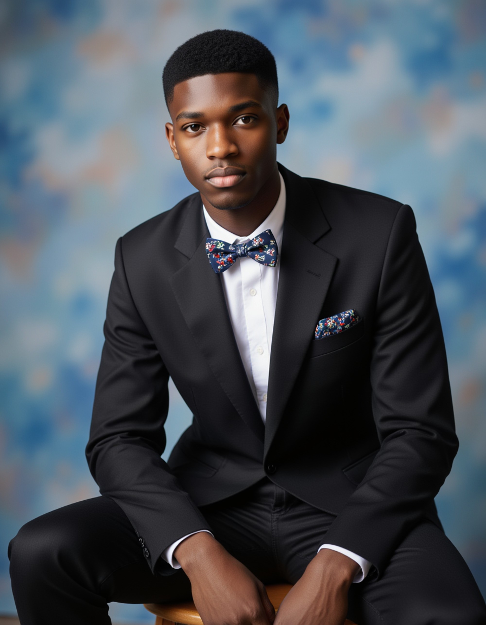 (school portrait) photo headshot of a young 18 y o model in band geek style, marching band uniform jacket, music note accessories, neat structured appearance, band member aesthetic, sitting for (yearbook) picture, classic blue cloudy background, official school yearbook photo, model (looking straight into camera), (band member school shoot), (inside), professional even lighting