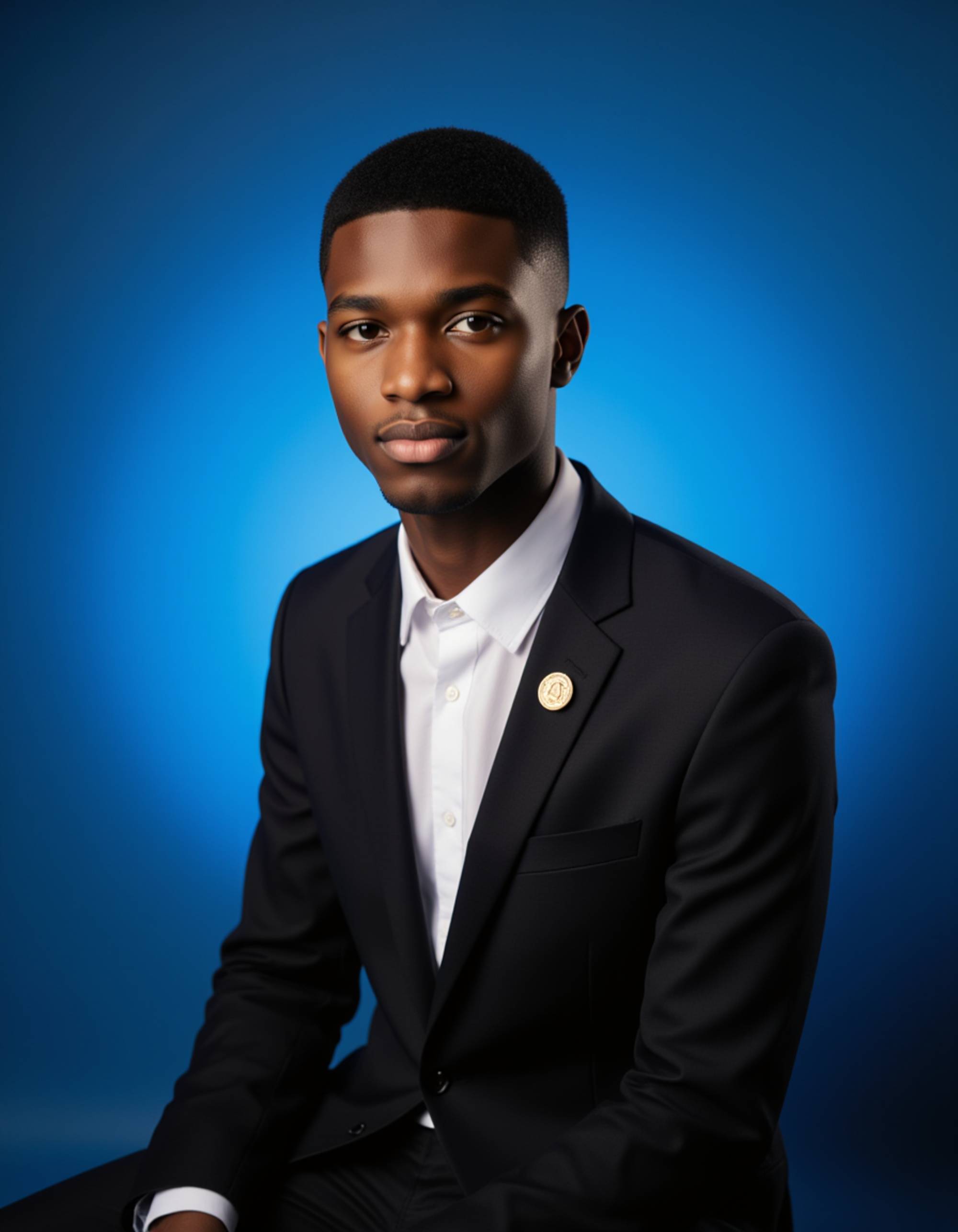 (school portrait) photo headshot of a young 18 y o model in class president style, formal blazer, student government pin, professional neat appearance, leadership aesthetic, sitting and posing for (yearbook) picture, gradient blue background, official school yearbook photo, model sitting (looking straight into camera), (student government school shoot), (inside), authoritative lighting