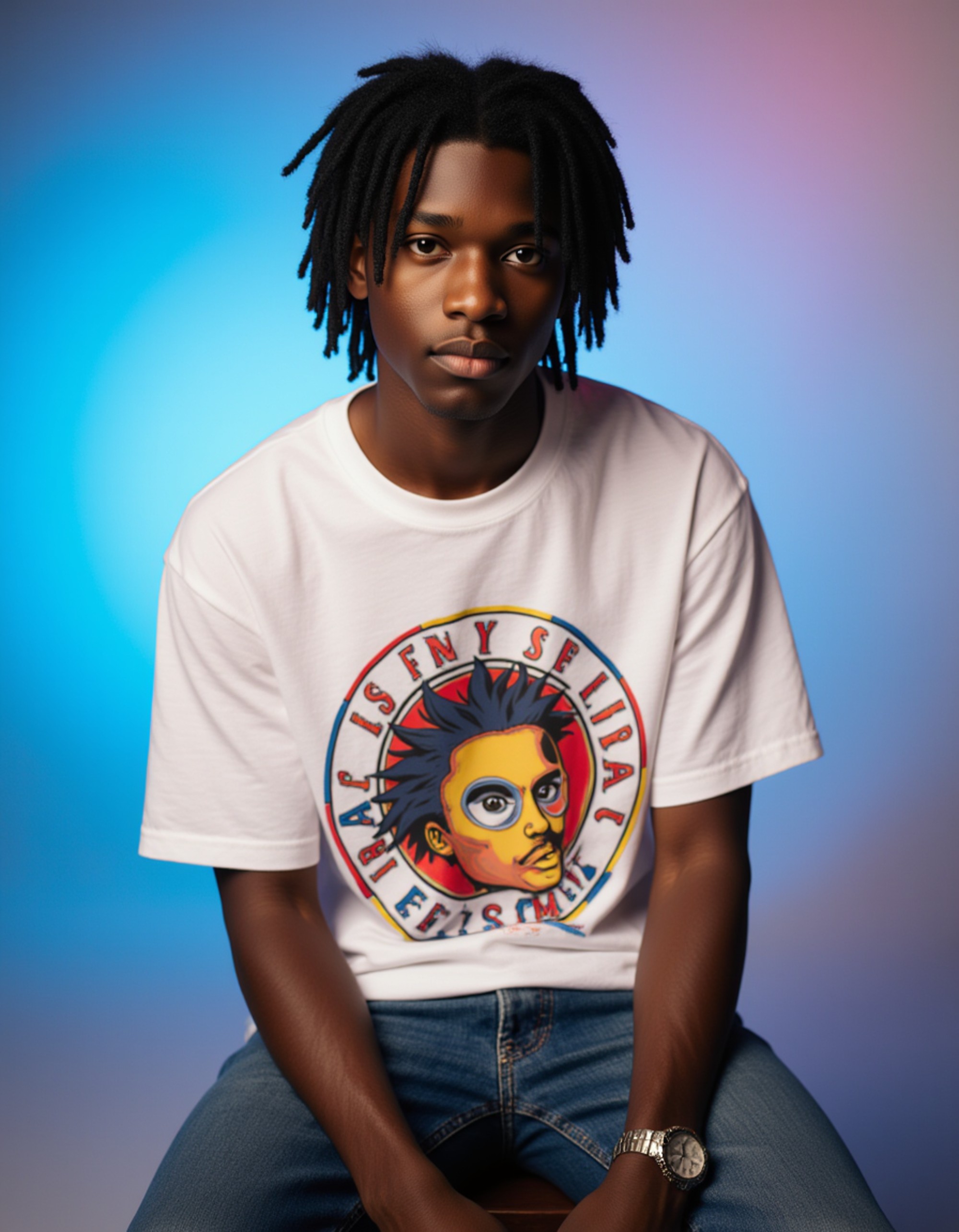 (school portrait) photo headshot of a young 18 y o model in scene kid style, colorful layered hair, band t-shirt, multiple accessories, 2000s scene aesthetic, heavy eyeliner, sitting for (yearbook) picture, soft blue gradient background, official school yearbook photo, model (looking straight into camera), (scene kid school shoot), (inside), vibrant colorful lighting