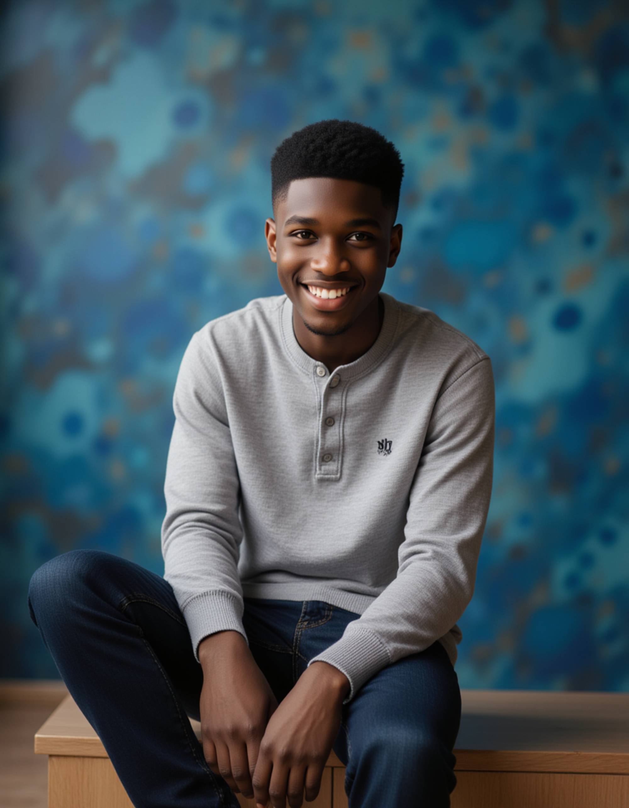 (school portrait) photo headshot of a young 18 y o model in exchange student style, cultural clothing elements, international student aesthetic, friendly approachable look, sitting and posing for (yearbook) picture, blue marbled background, official school yearbook photo, model sitting (looking straight into camera), (exchange student school shoot), (inside), warm welcoming lighting