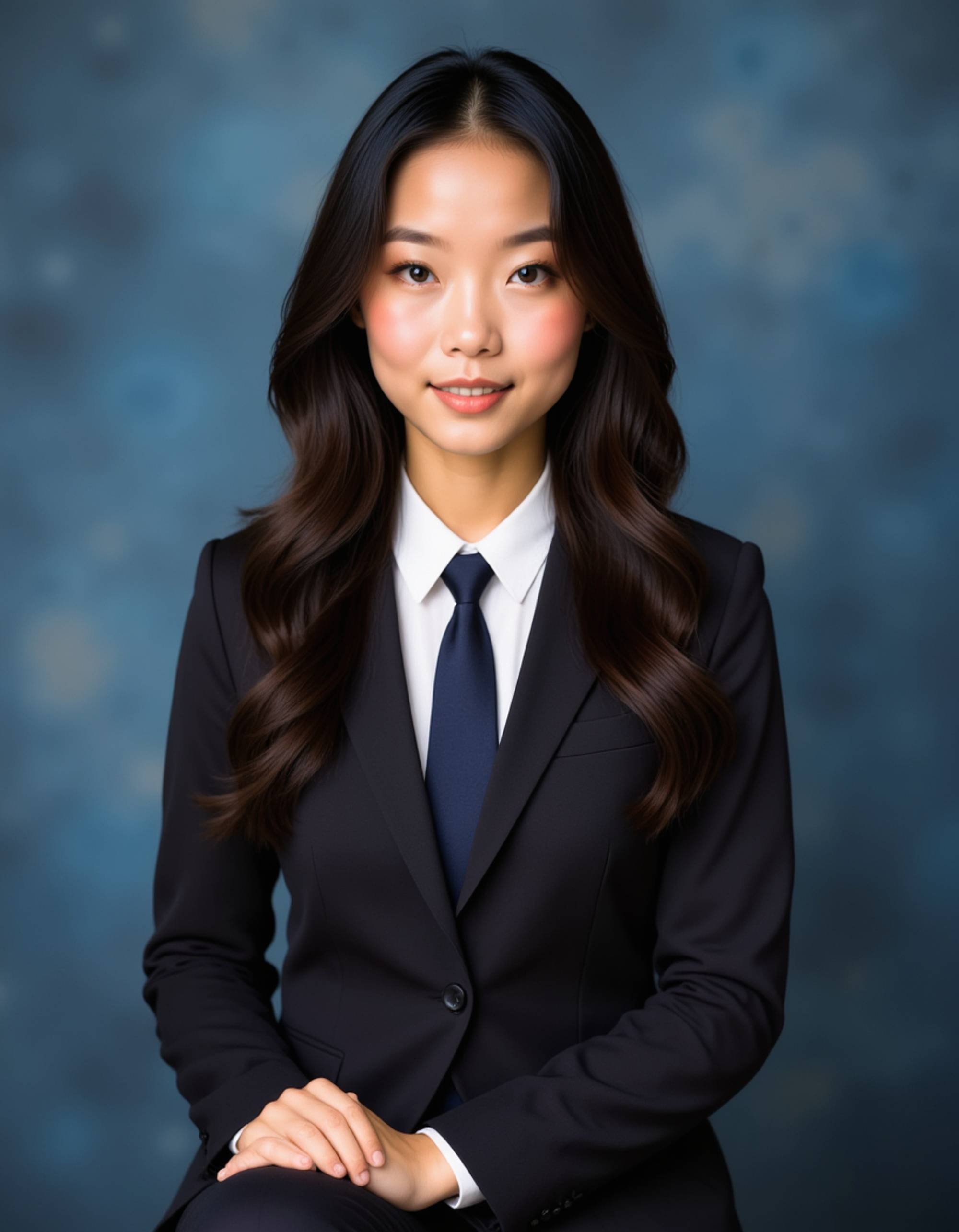 (school portrait) photo headshot of a young 18 y o model in debate team style, formal suit jacket, tie, competitive academic look, serious intellectual appearance, sitting and posing for (yearbook) picture, traditional blue mottled background, official school yearbook photo, model sitting (looking straight into camera), (debate team school shoot), (inside), sharp professional lighting
