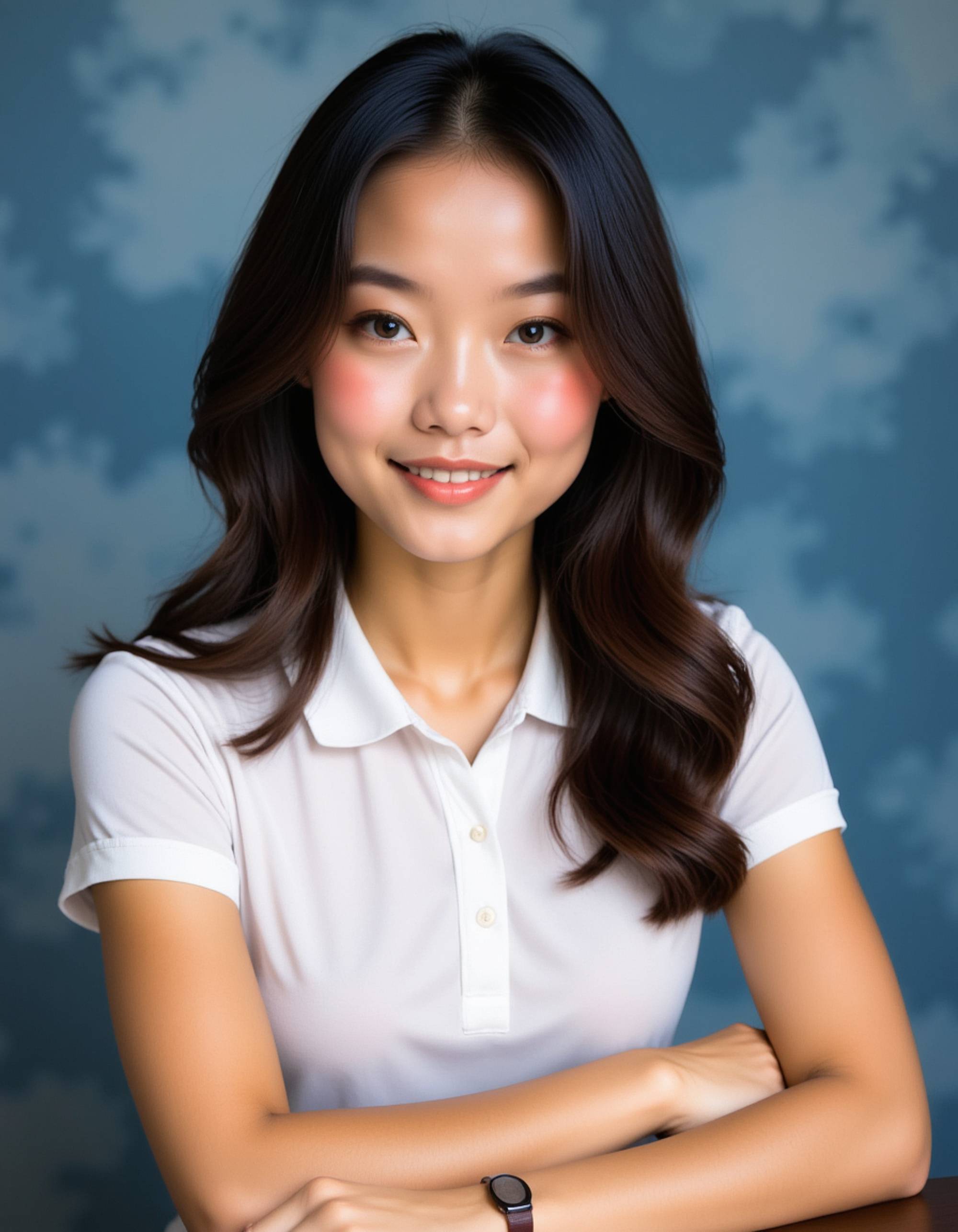 (school portrait) photo headshot of a young 18 y o model in rich kid/prep style, designer polo shirt, expensive accessories, country club aesthetic, privileged preppy look, sitting for (yearbook) picture, classic blue cloudy background, official school yearbook photo, model (looking straight into camera), (prep school shoot), (inside), luxurious lighting