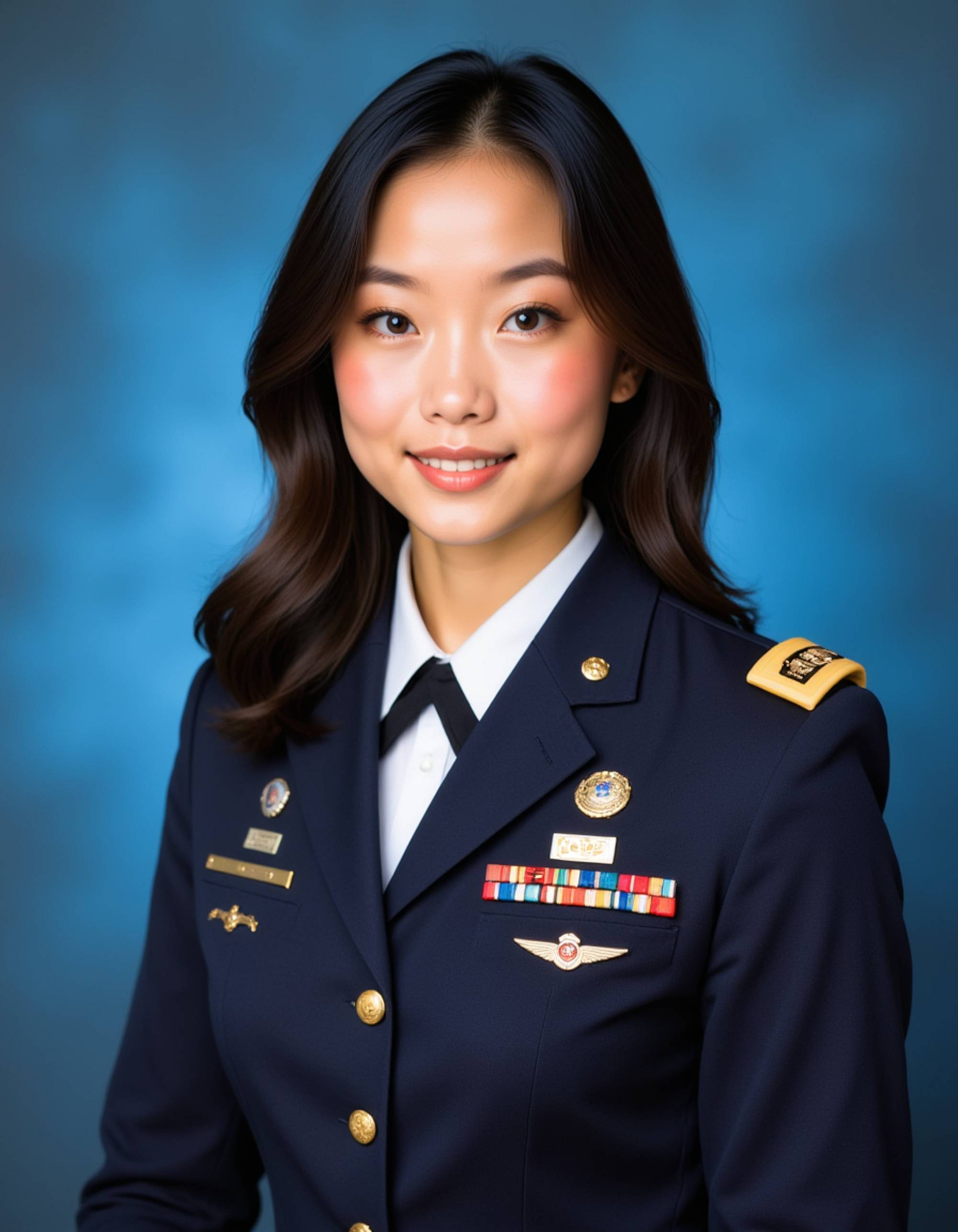 (school portrait) photo headshot of a young 18 y o model in ROTC style, military uniform, disciplined posture, patriotic pins and badges, junior military aesthetic, sitting and posing for (yearbook) picture, gradient blue background, official school yearbook photo, model sitting (looking straight into camera), (ROTC school shoot), (inside), structured military lighting