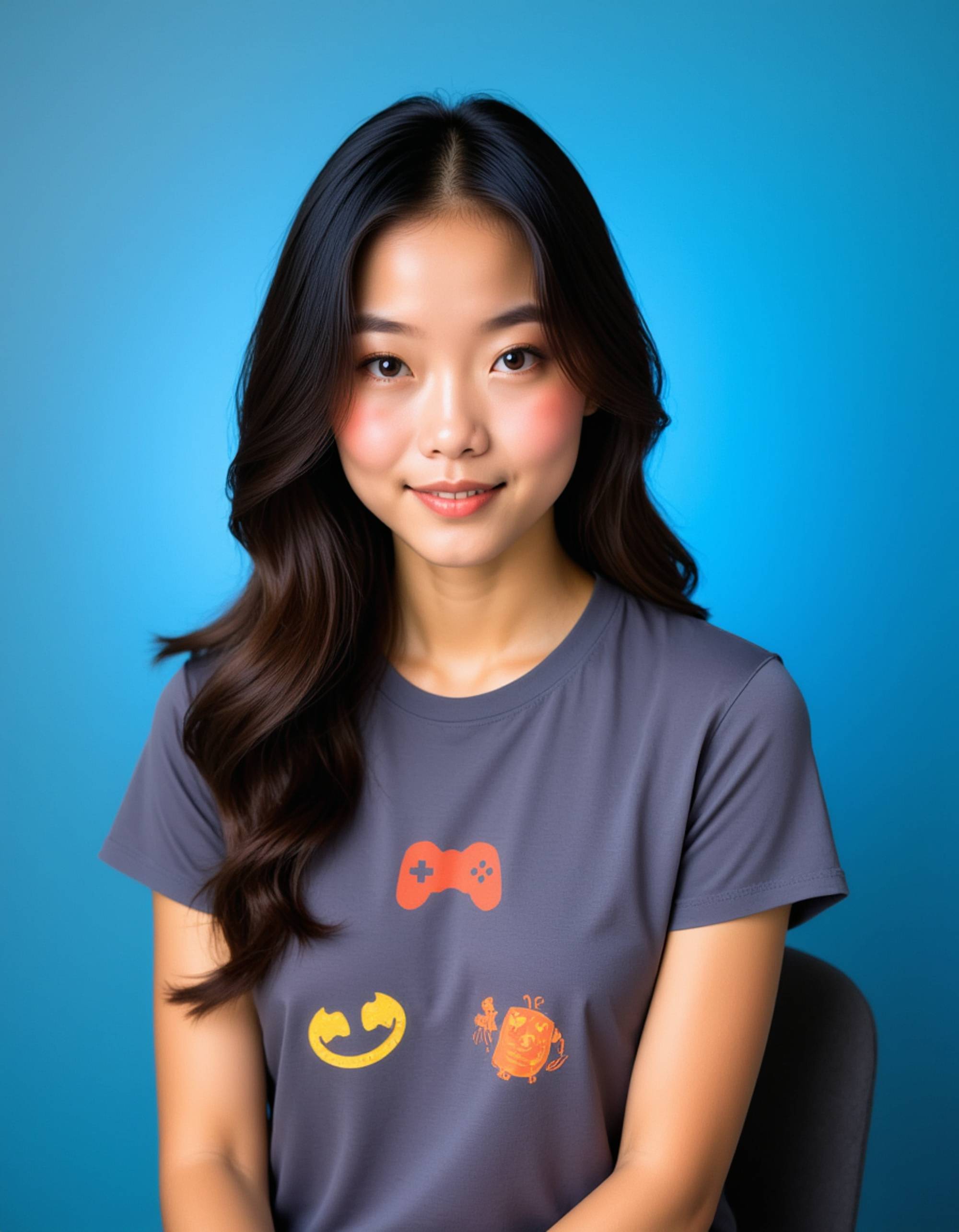 (school portrait) photo headshot of a young 18 y o model in tech/computer club style, graphic t-shirt with tech logos, casual nerdy appearance, gaming references, early 2000s tech aesthetic, sitting for (yearbook) picture, soft blue gradient background, official school yearbook photo, model (looking straight into camera), (computer club school shoot), (inside), cool blue lighting