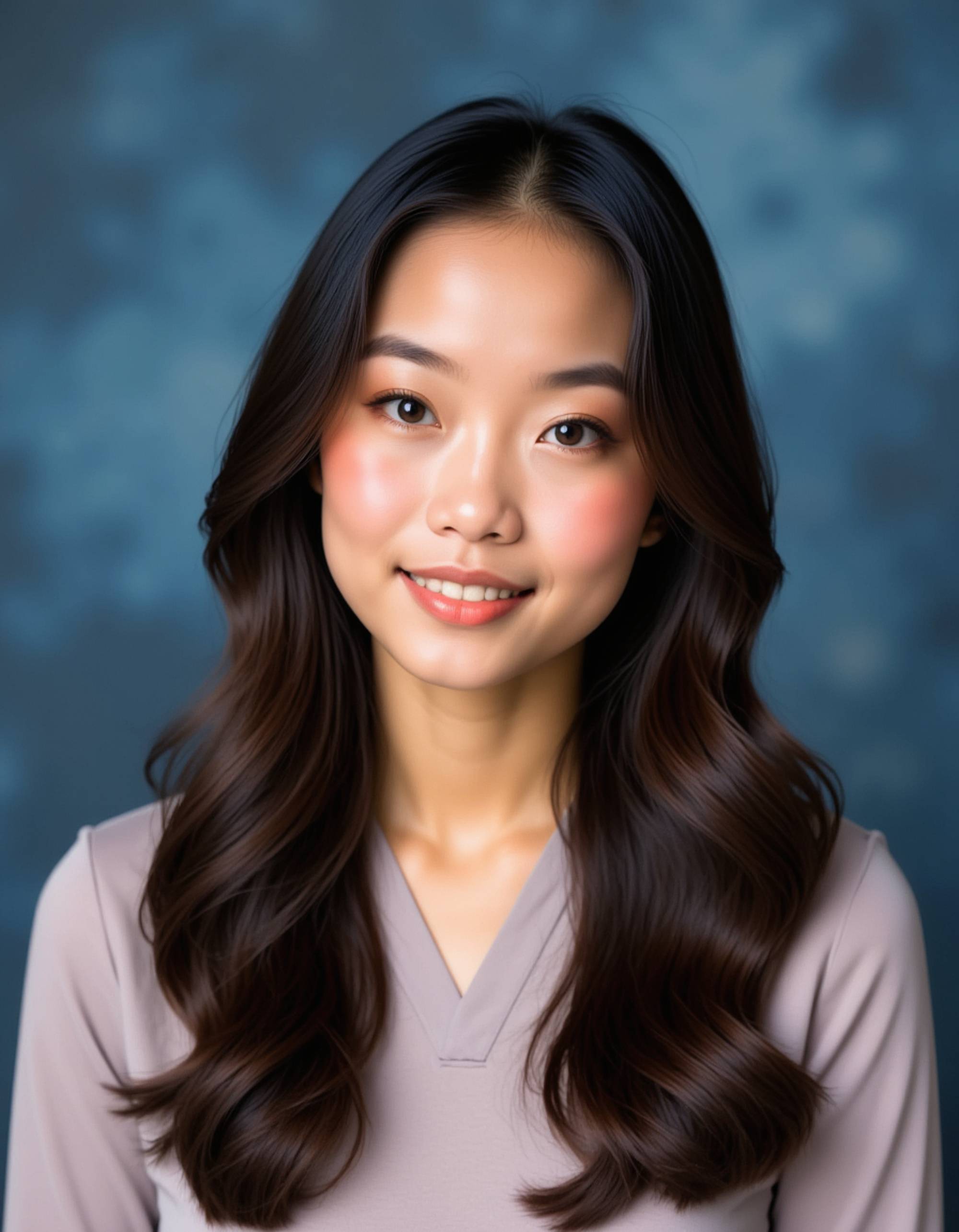(school portrait) photo headshot of a young 18 y o model in foreign language club style, cultural pin or badge, international style clothing, worldly sophisticated look, language enthusiast aesthetic, sitting and posing for (yearbook) picture, blue marbled background, official school yearbook photo, model sitting (looking straight into camera), (language club school shoot), (inside), cultured warm lighting