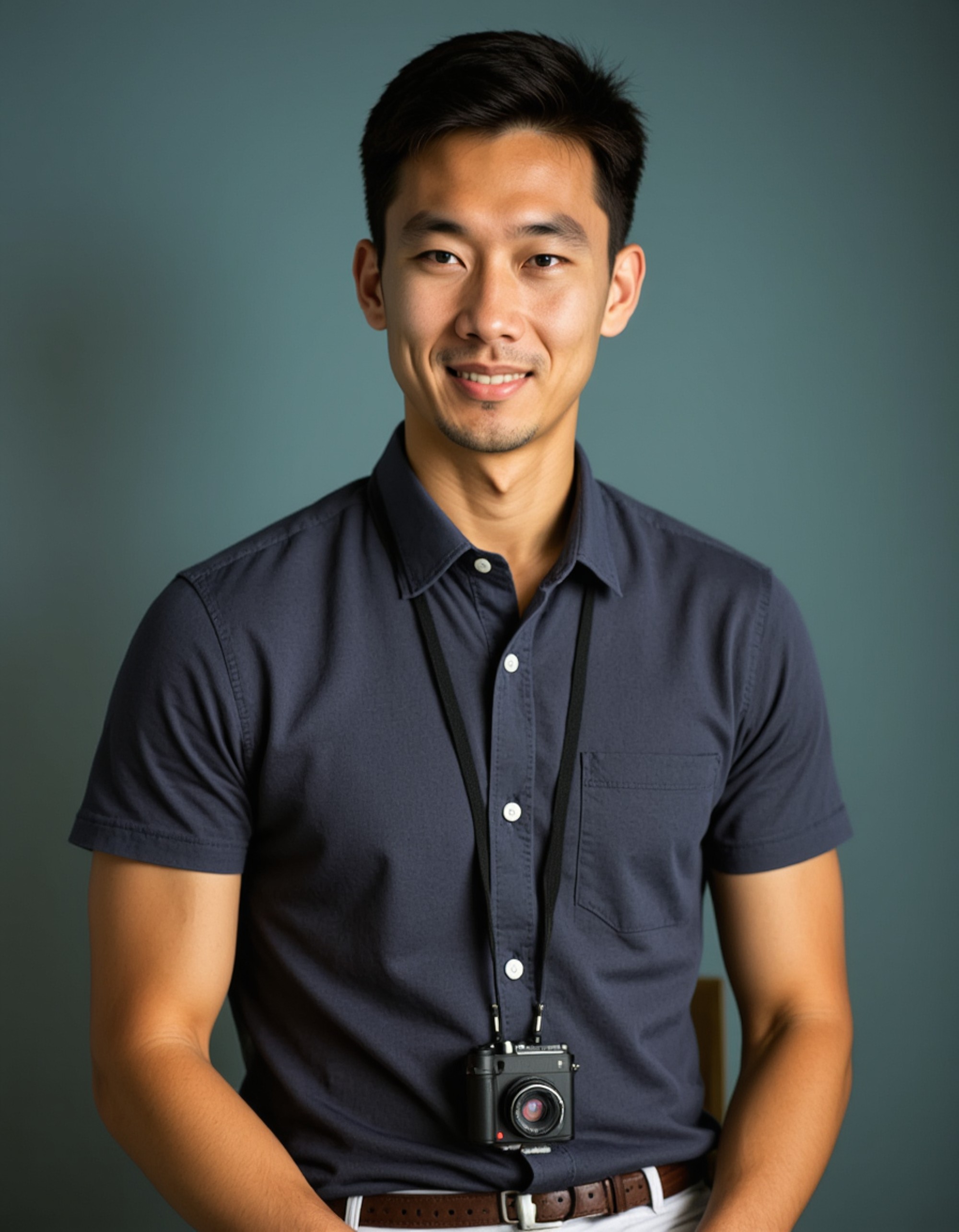 (school portrait) photo headshot of a young 18 y o model in newspaper/journalism style, press badge, camera around neck, reporter aesthetic, inquisitive intellectual look, sitting and posing for (yearbook) picture, traditional blue mottled background, official school yearbook photo, model sitting (looking straight into camera), (journalism school shoot), (inside), investigative lighting