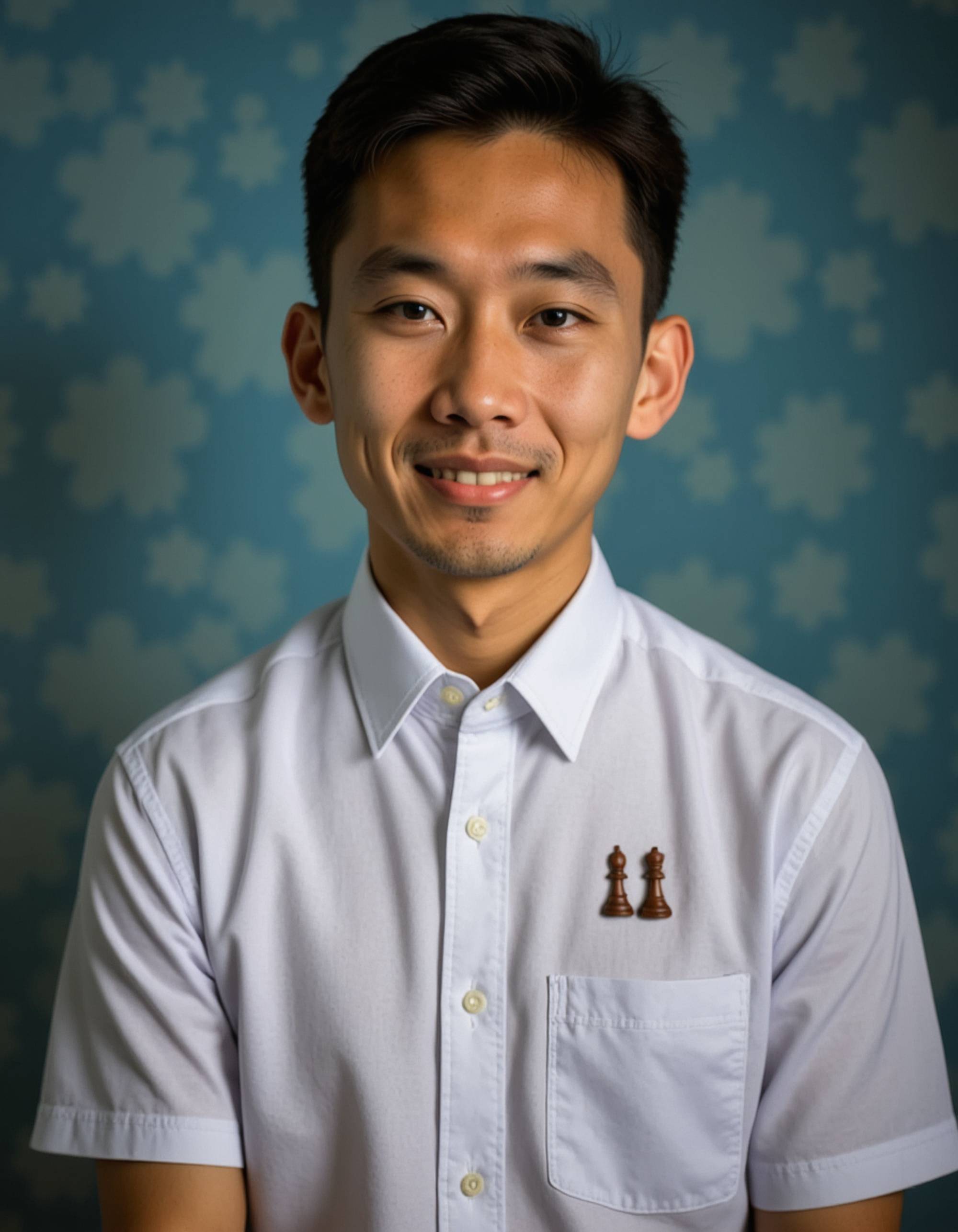 (school portrait) photo headshot of a young 18 y o model in chess club style, formal button-down shirt, chess pin, strategic thoughtful expression, intellectual competitor aesthetic, sitting for (yearbook) picture, classic blue cloudy background, official school yearbook photo, model (looking straight into camera), (chess club school shoot), (inside), contemplative lighting