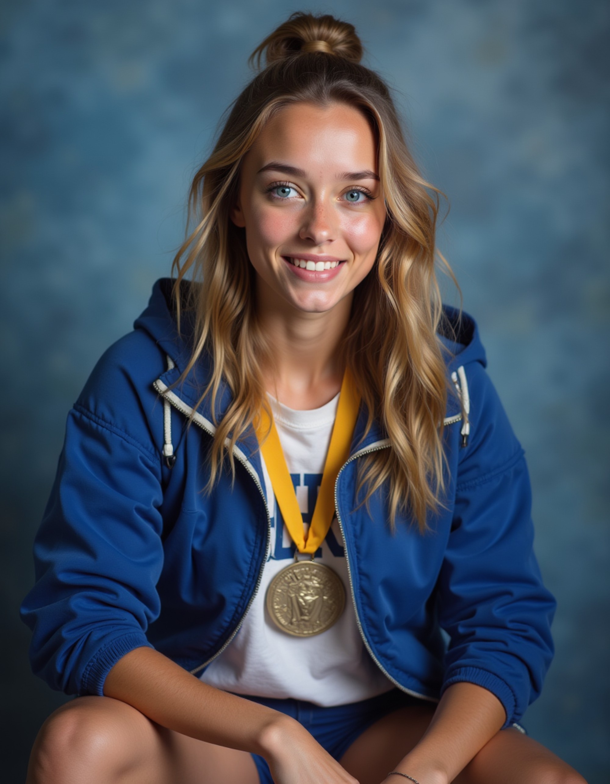 (school portrait) photo headshot of a young 18 y o model in track and field style, athletic warm-up jacket, runner's build, sports medal around neck, competitive runner aesthetic, sitting and posing for (yearbook) picture, traditional blue mottled background, official school yearbook photo, model sitting (looking straight into camera), (track team school shoot), (inside), energetic athletic lighting