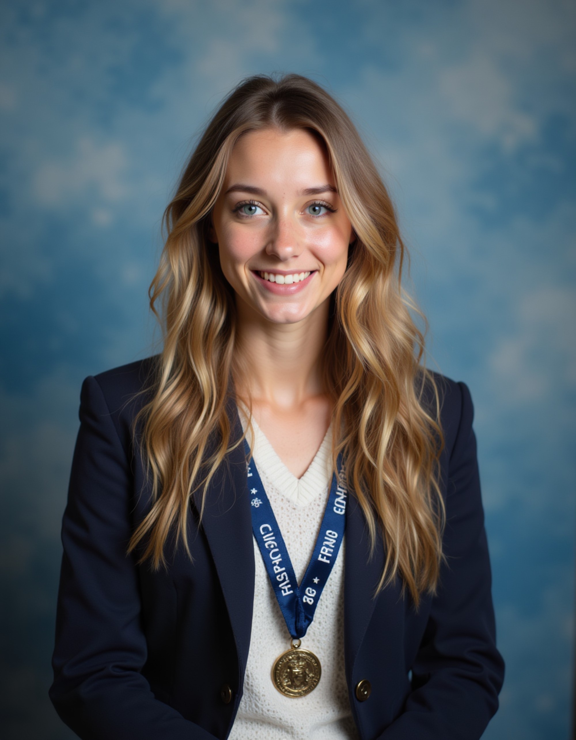 (school portrait) photo headshot of a young 18 y o model in student council style, official badge or sash, formal blazer, responsible leader appearance, school politician aesthetic, sitting for (yearbook) picture, classic blue cloudy background, official school yearbook photo, model (looking straight into camera), (student council school shoot), (inside), authoritative leadership lighting