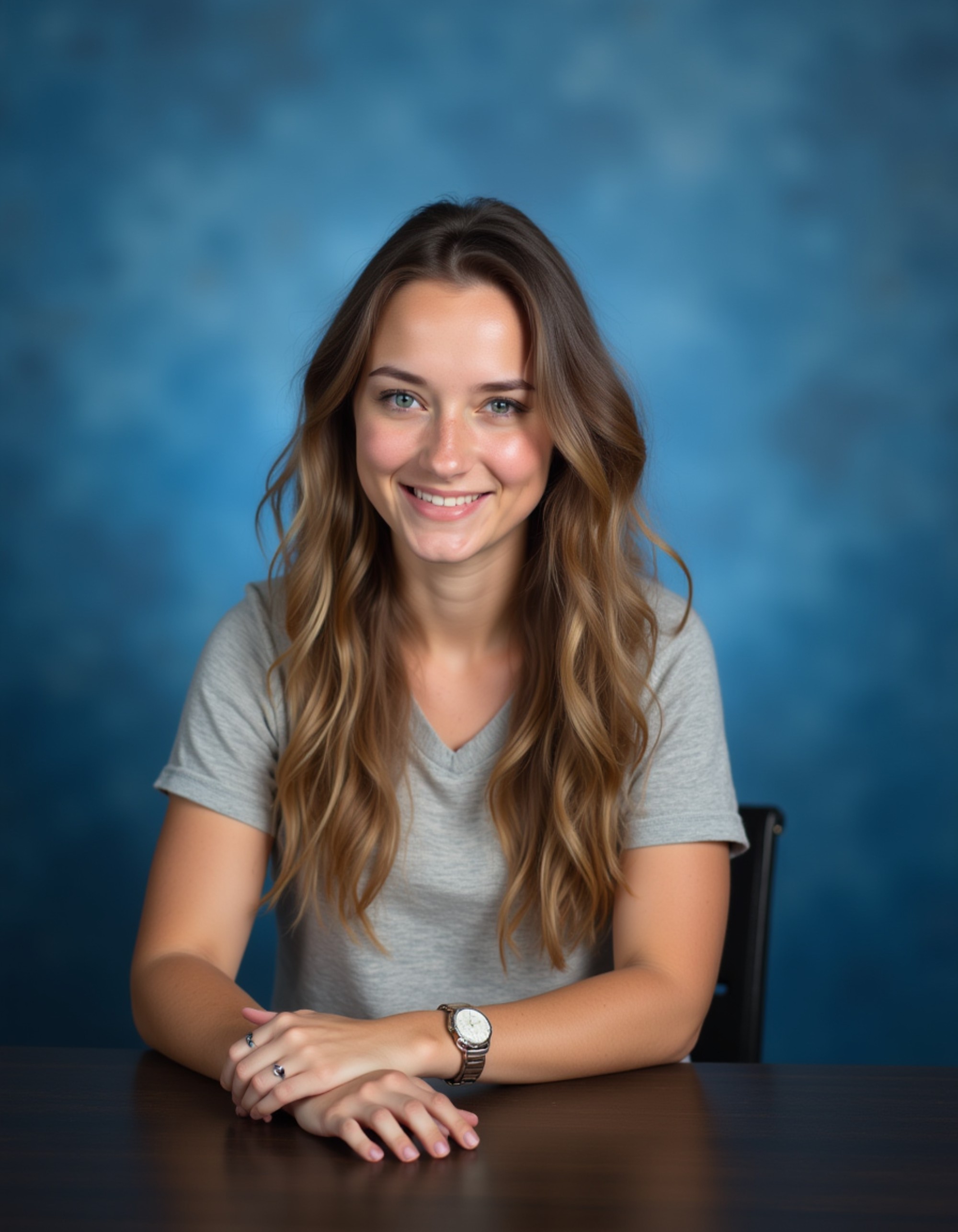 (school portrait) photo headshot of a young 18 y o model in yearbook committee style, camera equipment nearby, organized appearance, behind-the-scenes journalist look, school media aesthetic, sitting and posing for (yearbook) picture, gradient blue background, official school yearbook photo, model sitting (looking straight into camera), (yearbook staff school shoot), (inside), documentary lighting