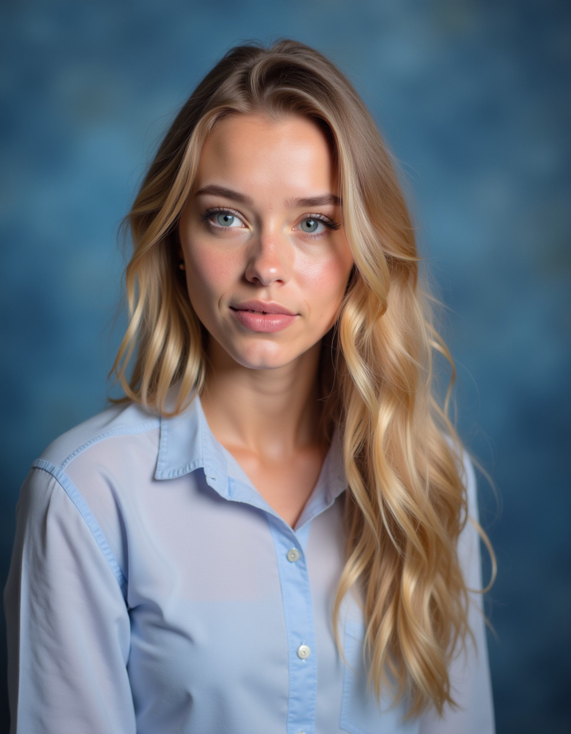 (school portrait) photo headshot of a young 18 y o model in prom committee style, formal dress shirt, event planning accessories, social coordinator look, dance committee aesthetic, sitting for (yearbook) picture, soft blue gradient background, official school yearbook photo, model (looking straight into camera), (prom committee school shoot), (inside), festive party lighting