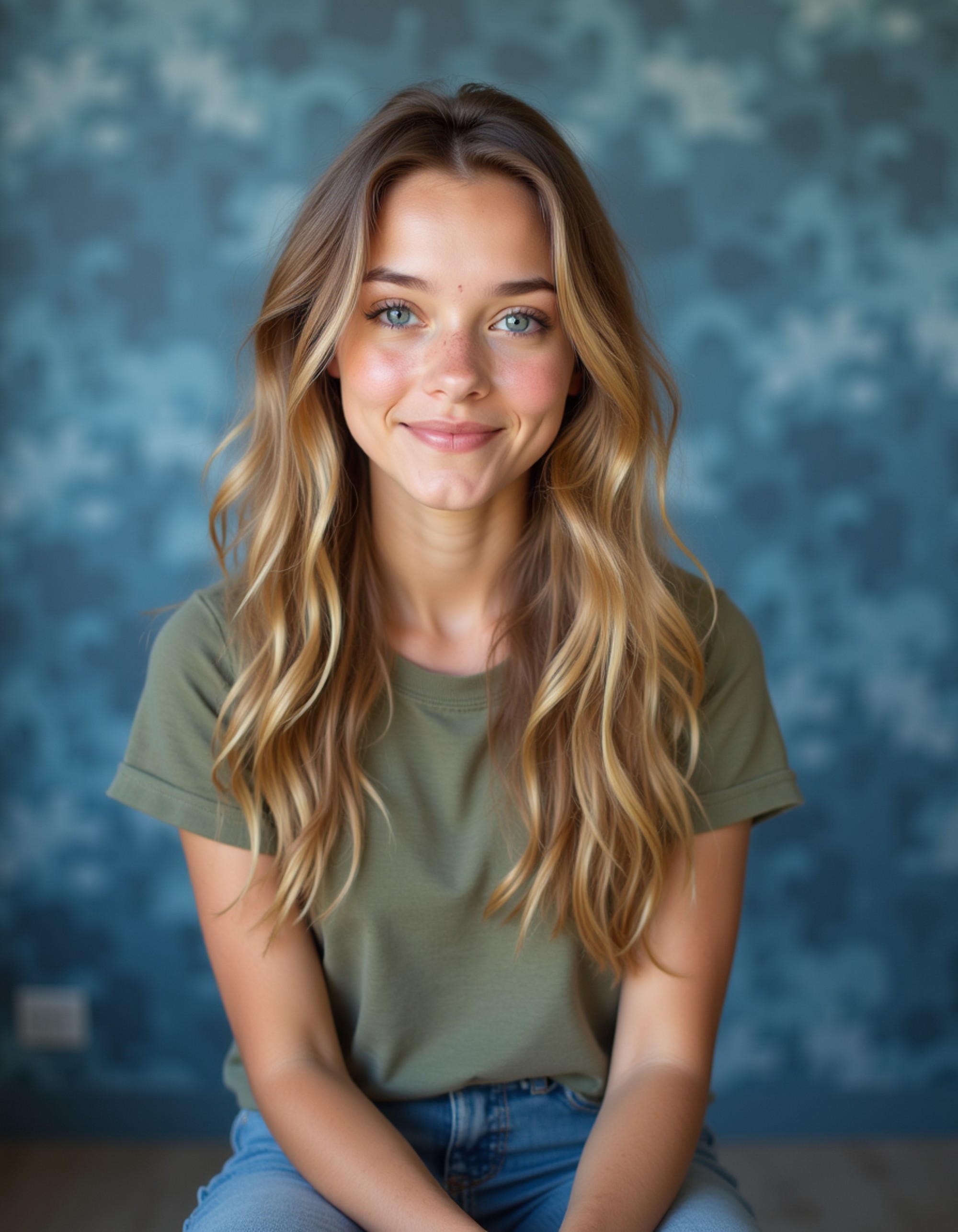 (school portrait) photo headshot of a young 18 y o model in environmental club style, earth-friendly clothing, nature pins and badges, eco-conscious appearance, green activist aesthetic, sitting and posing for (yearbook) picture, blue marbled background, official school yearbook photo, model sitting (looking straight into camera), (eco club school shoot), (inside), natural earth-friendly lighting
