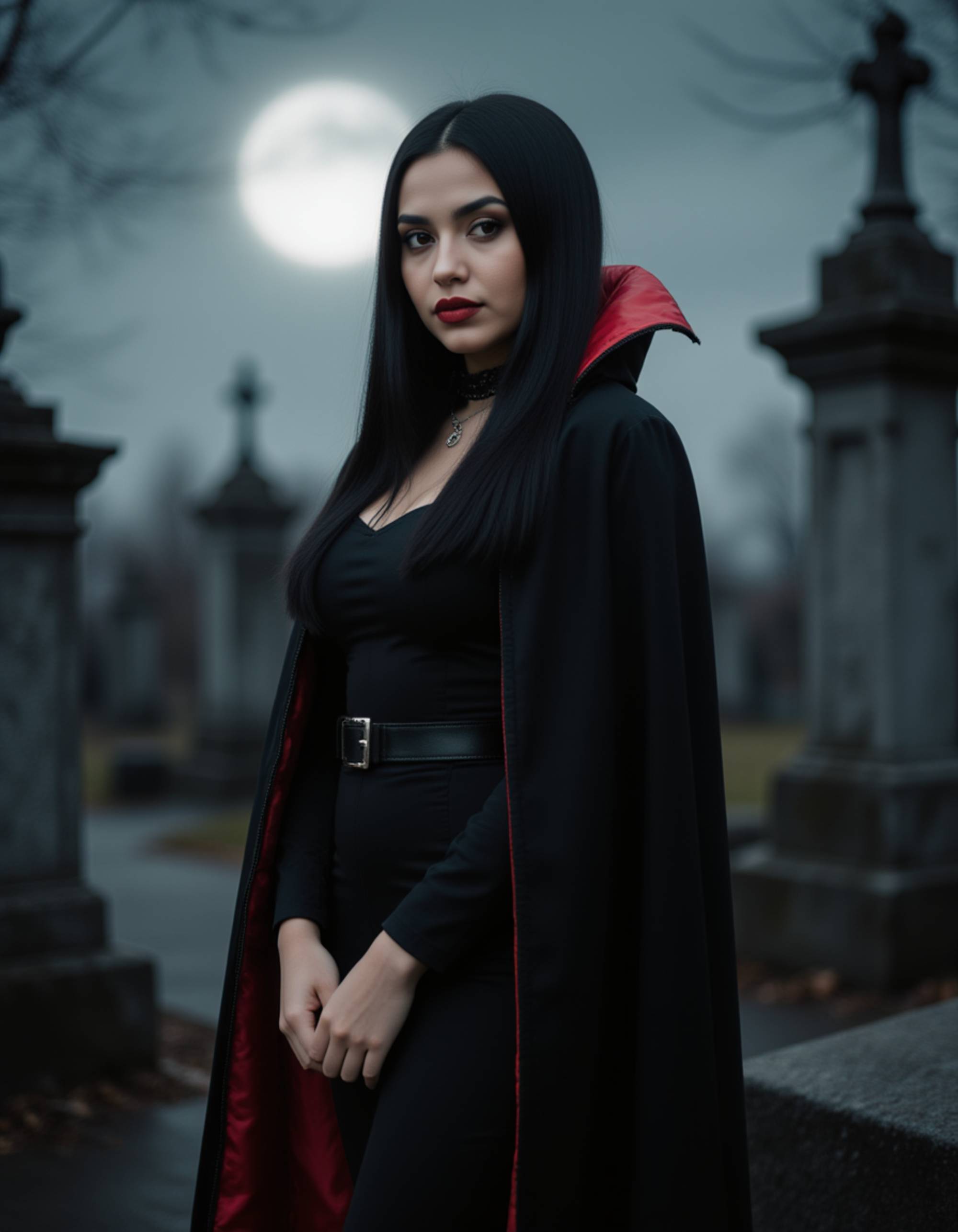 A model dressed as a gothic vampire, wearing an elegant black cape with red lining, fangs visible, surrounded by fog and ancient tombstones under a full moon