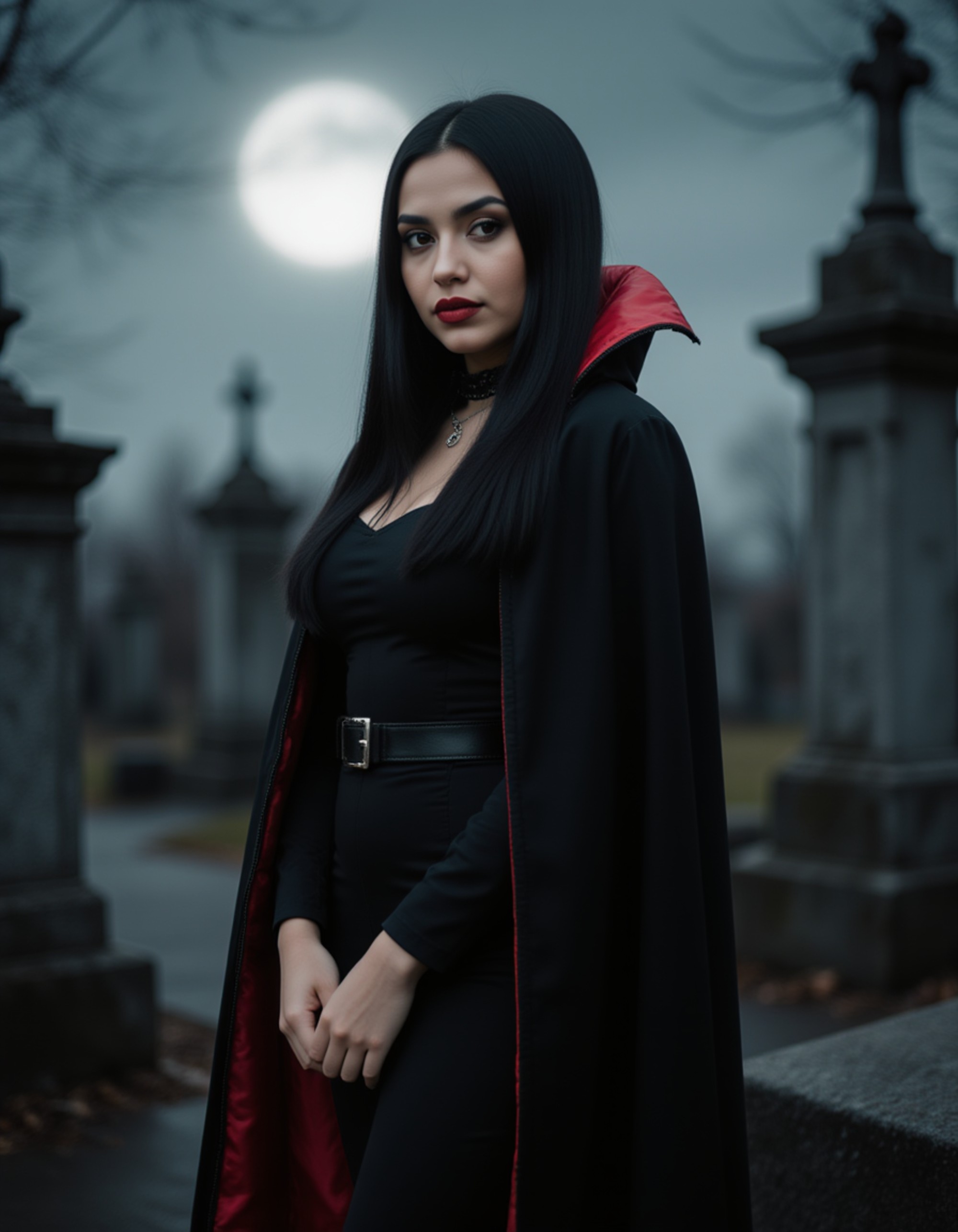 A model dressed as a gothic vampire, wearing an elegant black cape with red lining, fangs visible, surrounded by fog and ancient tombstones under a full moon